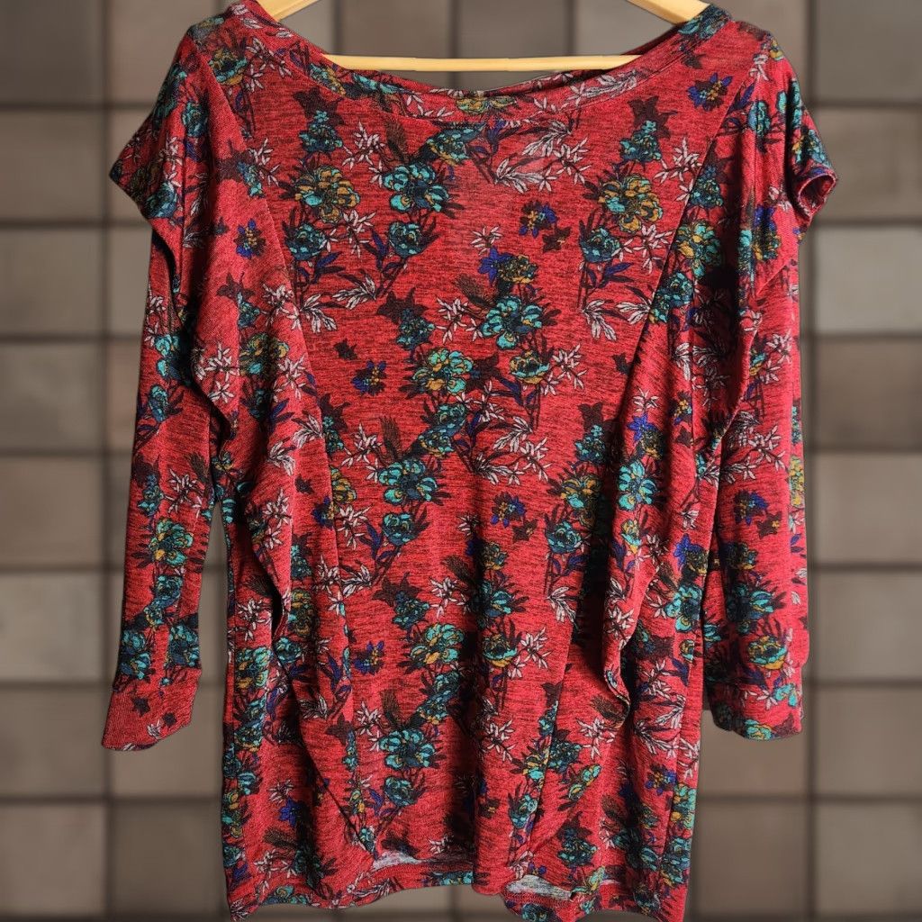 Free People Free People Dock Street Red Floral Ruffle 3/4 Sleeve Top L Women's Blouse Size L / US 10 / IT 46 - 1 Thumbnail