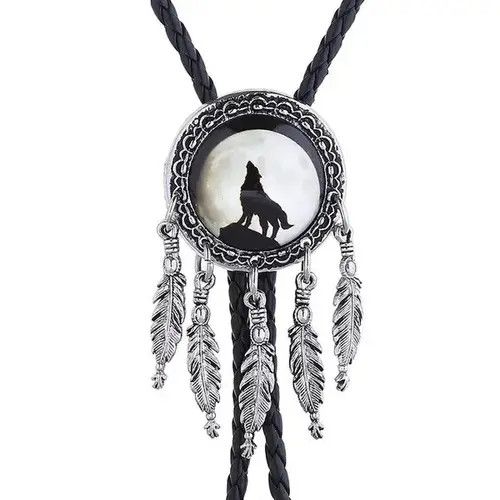 VIBE Western White Moon Wolf Feather Bolo Tie Size ONE SIZE - 3 Thumbnail