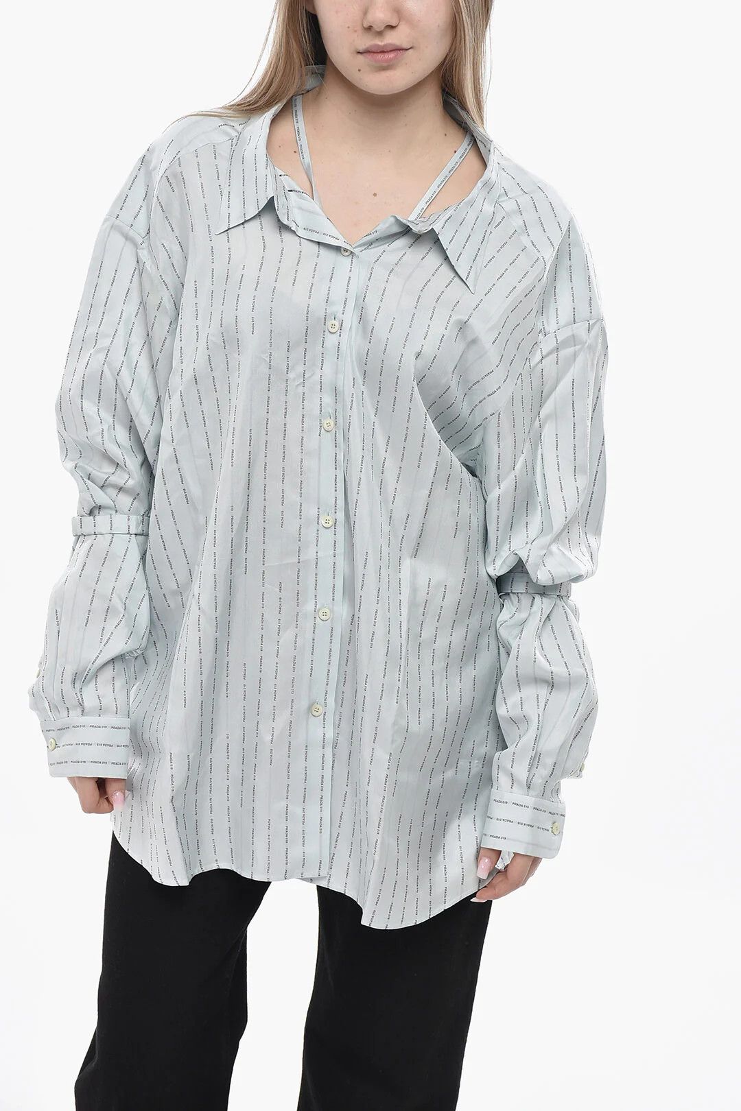 Prada og1mm0426 Monogram-Print Silk Shirt in Light Blue Size M / US 6-8 / IT 42-44 - 1 Thumbnail