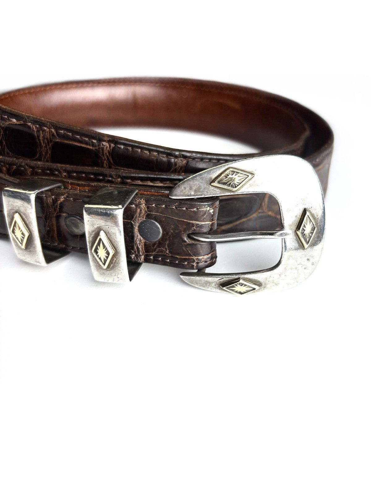 Sterling Silver Giselle 4 Piece 14k Gold .925 Silver Alligator Leather Belt Size ONE SIZE - 2 Thumbnail