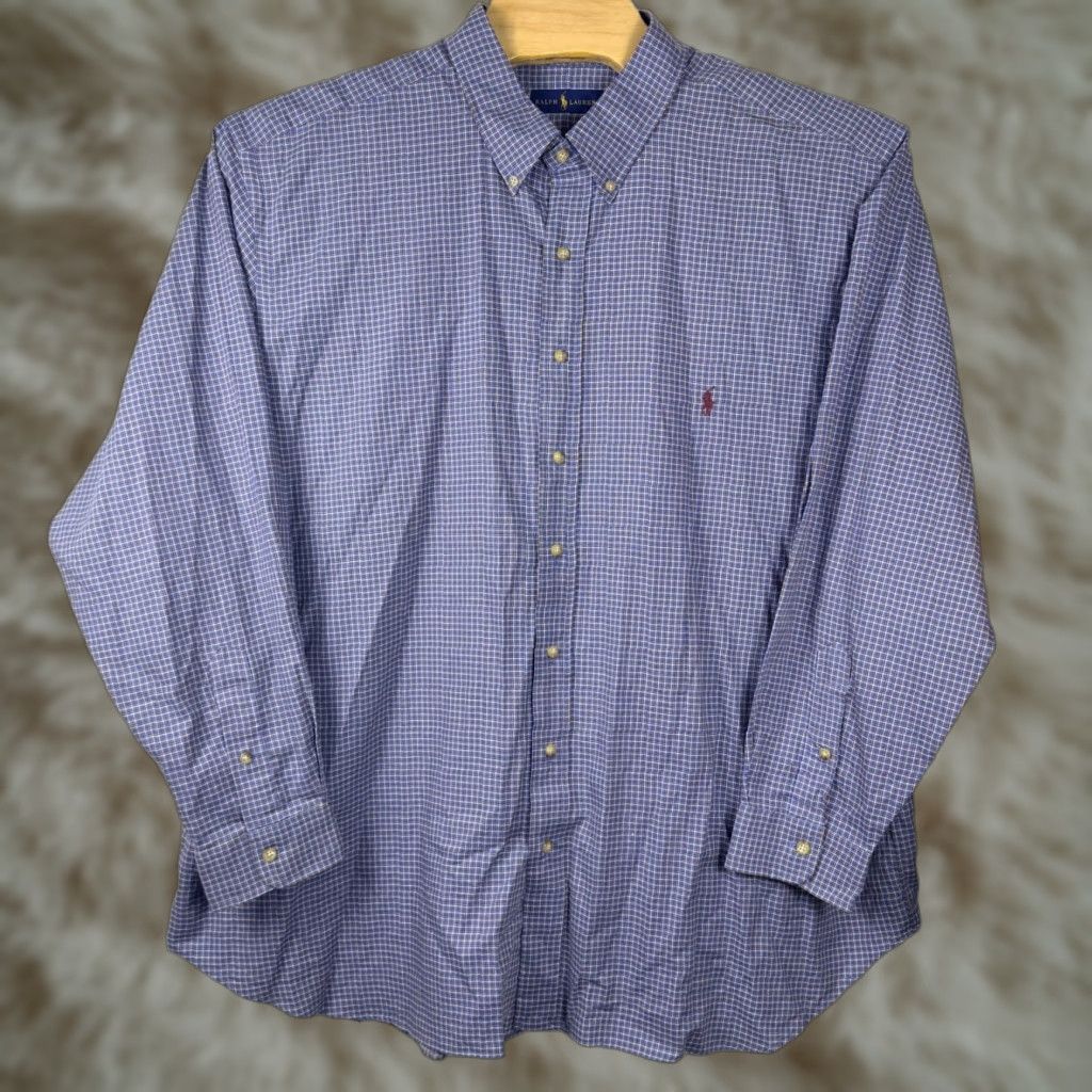 Ralph Lauren Button-Down Shirt Men 3XB Blue Brown Plaid Long Sleeve Pony Logo