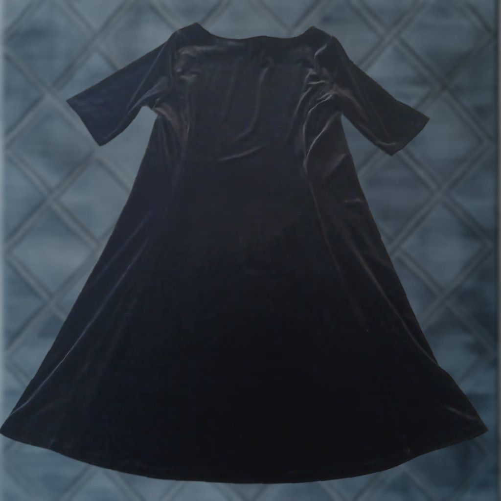 Lands' End Lands' End Black Velvet A-Line Dress Midi Short Sleeve Round Neck Pullover Regular L Women Size L / US 10 / IT 46 - 1 Thumbnail