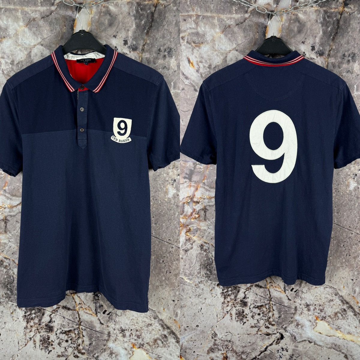 Ted Baker Ted Baker Polo Shirt Navy Red Trim Number 9 Patch Back Logo Size US XL / EU 56 / 4 - 1 Thumbnail
