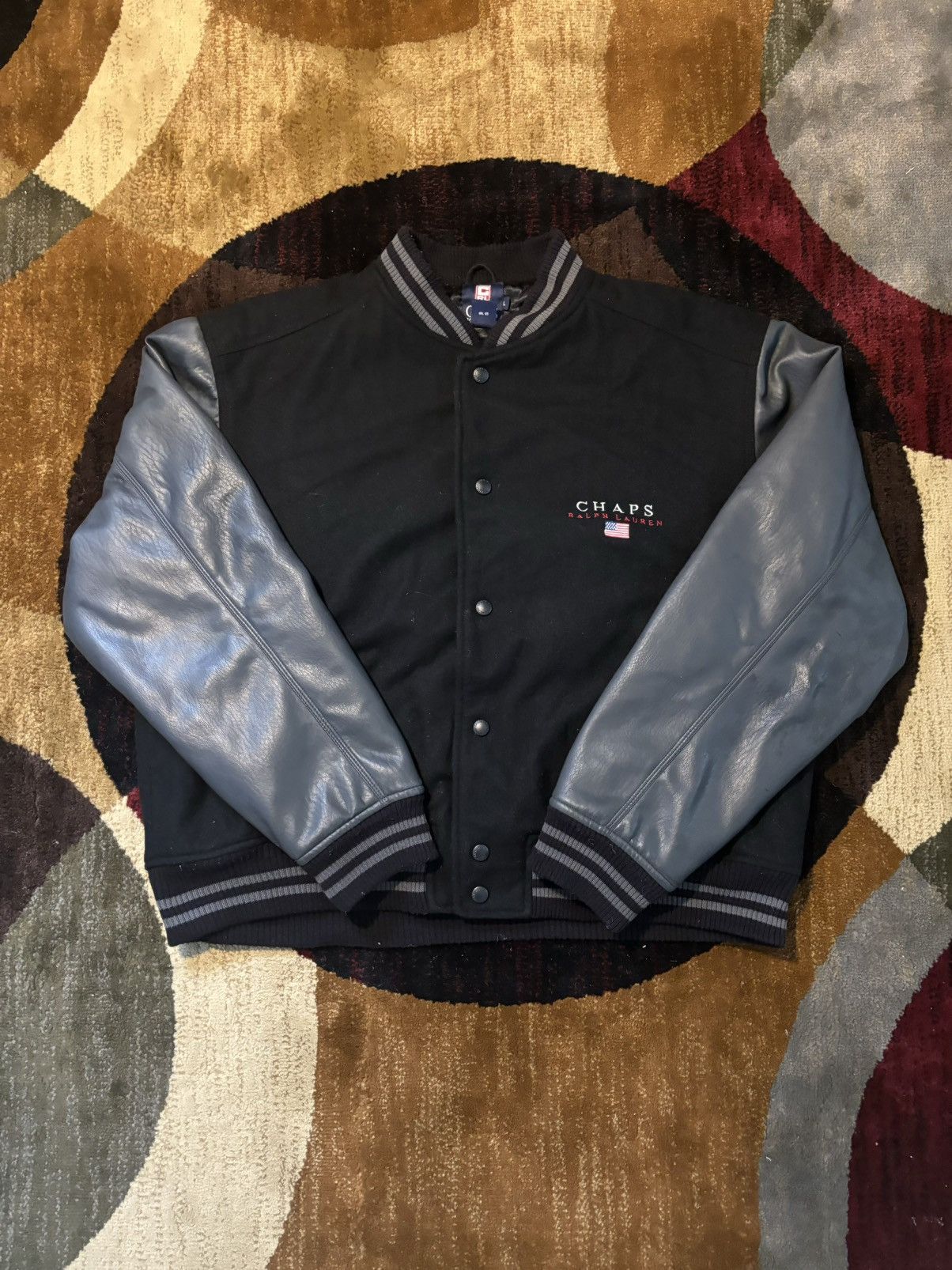 image of Vintage Grail 1990S Ralph Laurent X Chaps Letterman Jacket in Black, Men's (Size Large)
