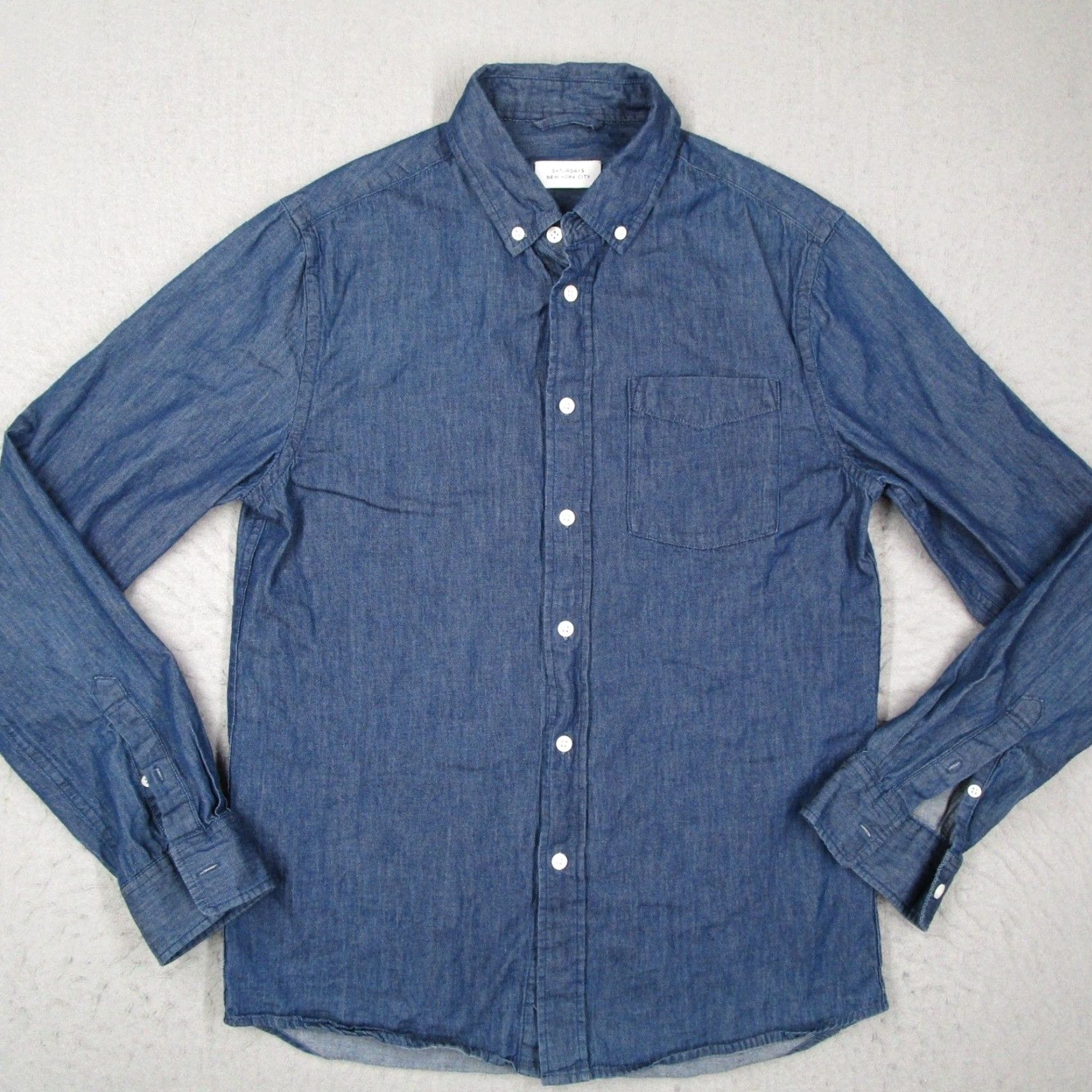 Saturdays NYC Saturdays NYC Shirt Button-Down Long Sleeve Mens Small Blue Chambray Cotton Pocket Button-Up Collared Casual Travel All Seasons Lightweight Breathable Size US S / EU 44-46 / 1 - 2 Thumbnail