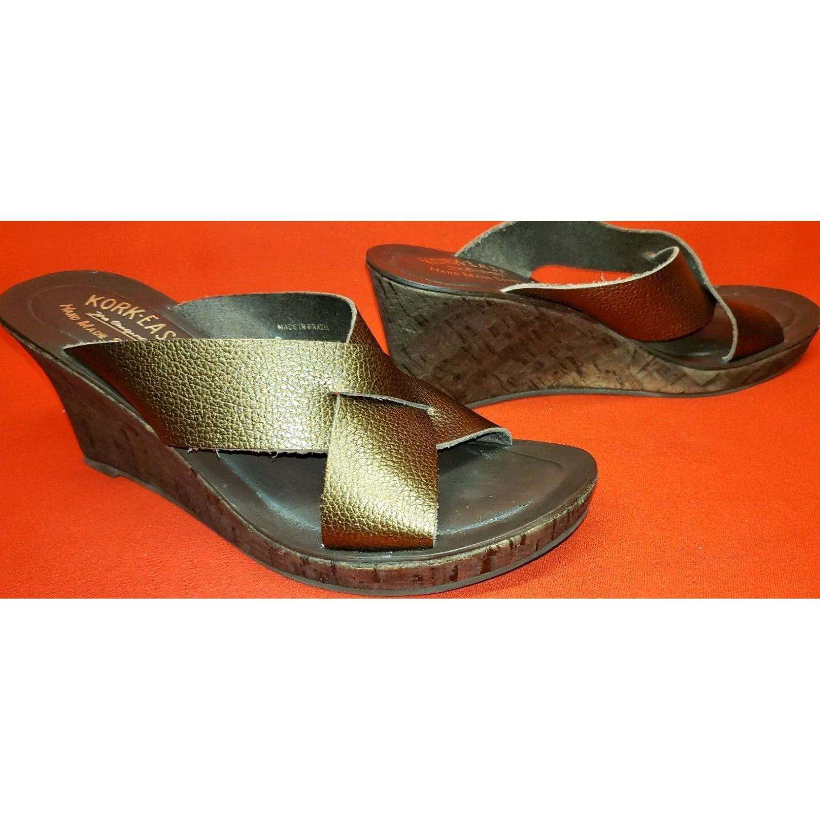 Vintage KORK-EASE Geena Women's Wedge Slide Sandals Slips-on Leather Bronze 8M High 3" Cork Size US 8 / IT 38 - 5 Thumbnail