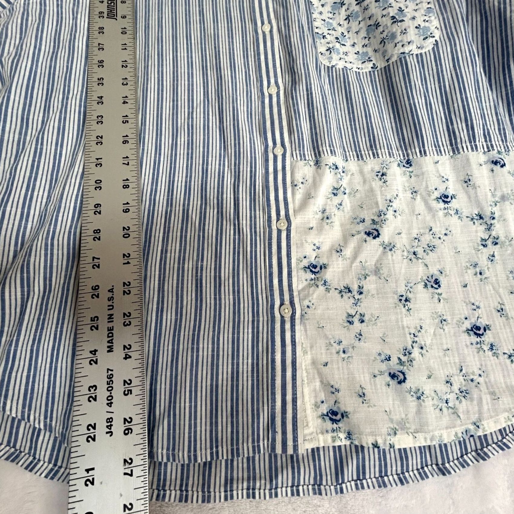 Laura Ashley Laura Ashley X Lucky Brand Striped Floral Patchwork Button-Up Shirt Large Blue Shirt Womens L Blue Striped Floral Patchwork Button-Down Normals 10+ Size L / US 10 / IT 46 - 8 Thumbnail