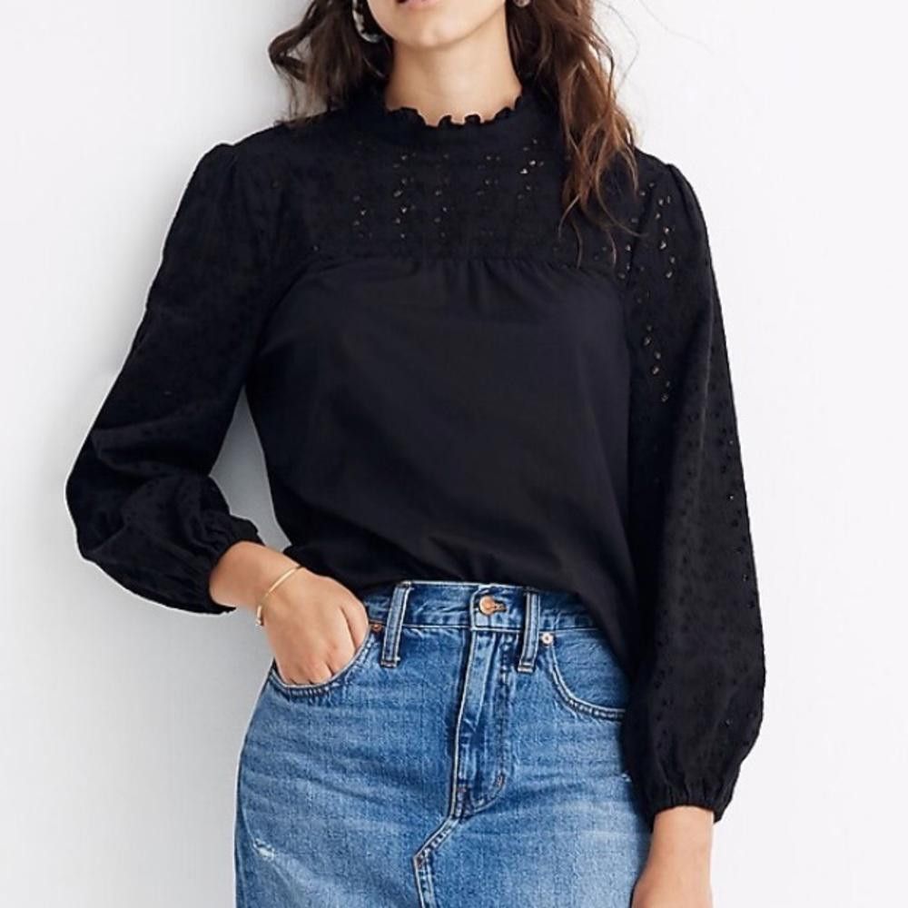 Madewell Madewell l Pieced Eyelet Mockneck Ruffle Top XS Size XS / US 0-2 / IT 36-38 - 1 Thumbnail