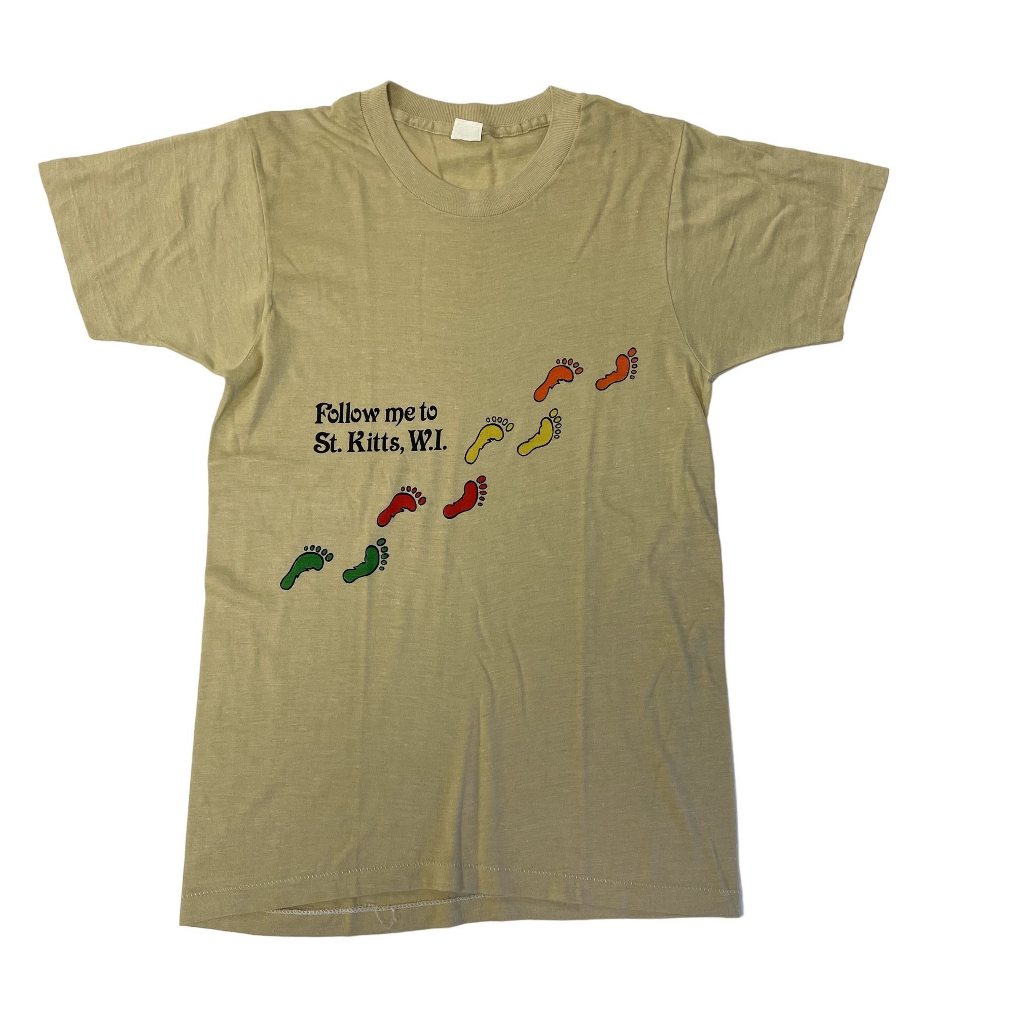 image of Unkwn 80’S Fallow Me To St. Kitts Wi Beige Rainbow Footprint Shirt, Men's (Size Small)