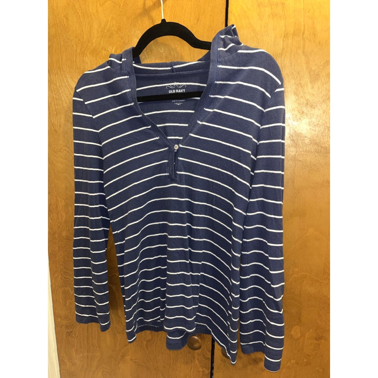 Old Navy VINTAGE Old Navy Women XS Blue Striped Cotton Hooded Henley Blouse 3/4 Sleeve Fall Spring Summer Winter Size XS / US 0-2 / IT 36-38 - 6 Thumbnail