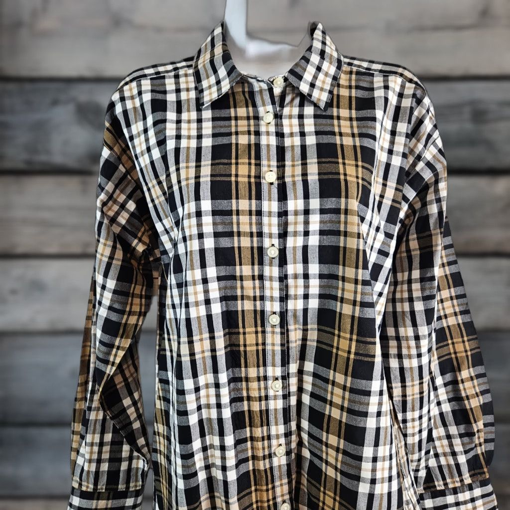 Loft LOFT Ann Taylor Womens Button Up Tunic Shirt Sz S Black Tan Plaid Size S / US 4 / IT 40 - 1 Thumbnail