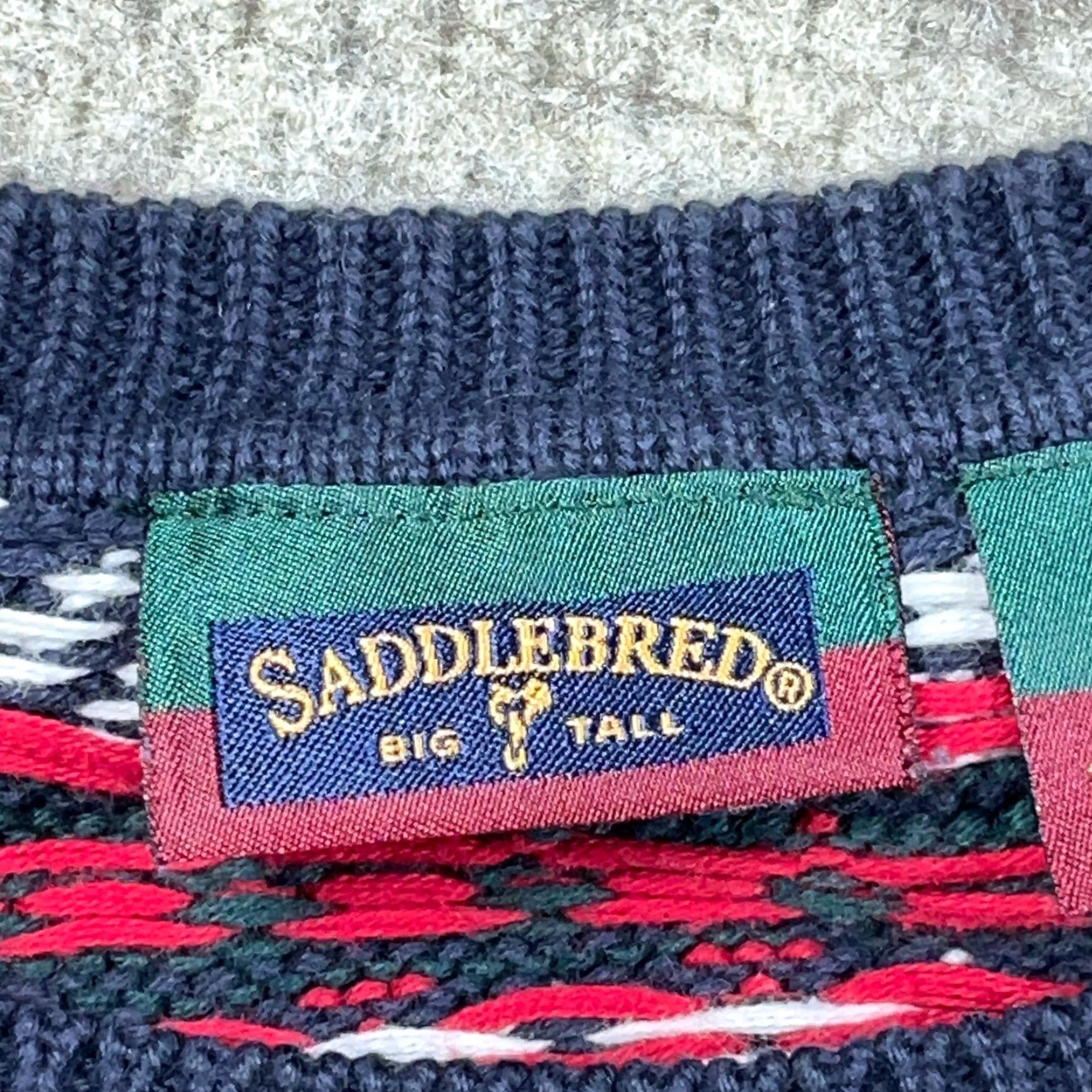 Vintage VINTAGE Grandpa Sweater Men XLT Blue Red Heavy Chunky Knit Geometric Nordic 90s Saddlebred Crew Neck Pullover Knit Size US XL / EU 56 / 4 - 4 Thumbnail
