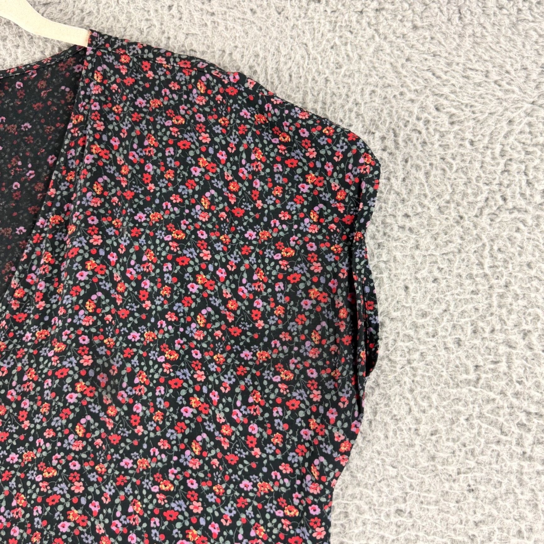 Madewell Dress Womens Large Black Fieldwalk Floral Midi Short Sleeve V-Neck