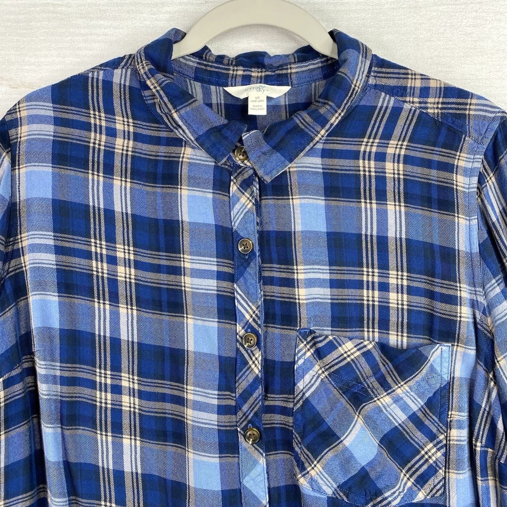 Vintage Terra & Sky Shirt Womens 1X 16W Blue Plaid Long Sleeves Lightweight Button Up Size XL / US 12-14 / IT 48-50 - 3 Thumbnail