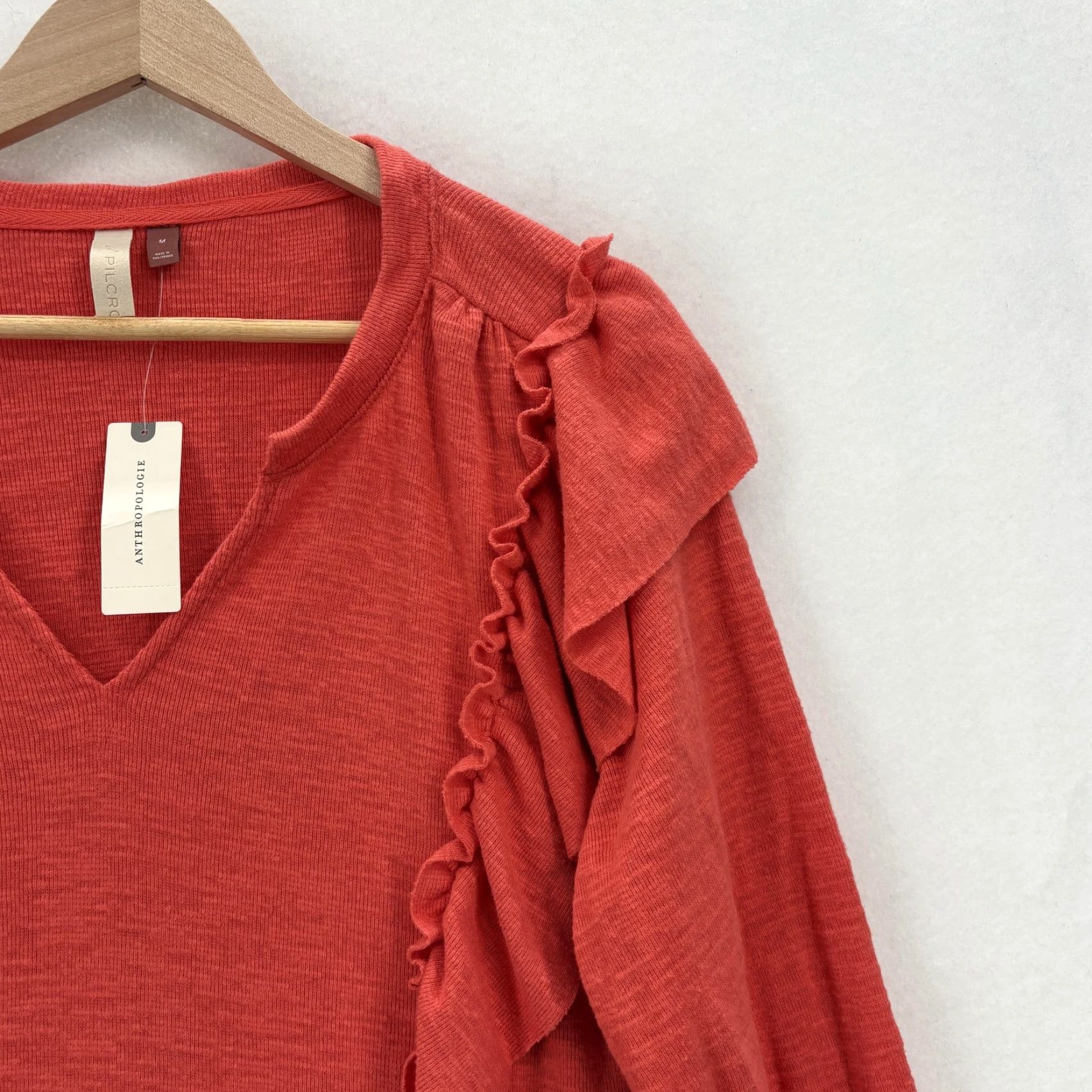 Vintage Pilcro Sweater Womens M Red Pullover V-Neck Puff Sleeve Ruffle Knit Solid Bohemian Size M / US 6-8 / IT 42-44 - 2 Thumbnail