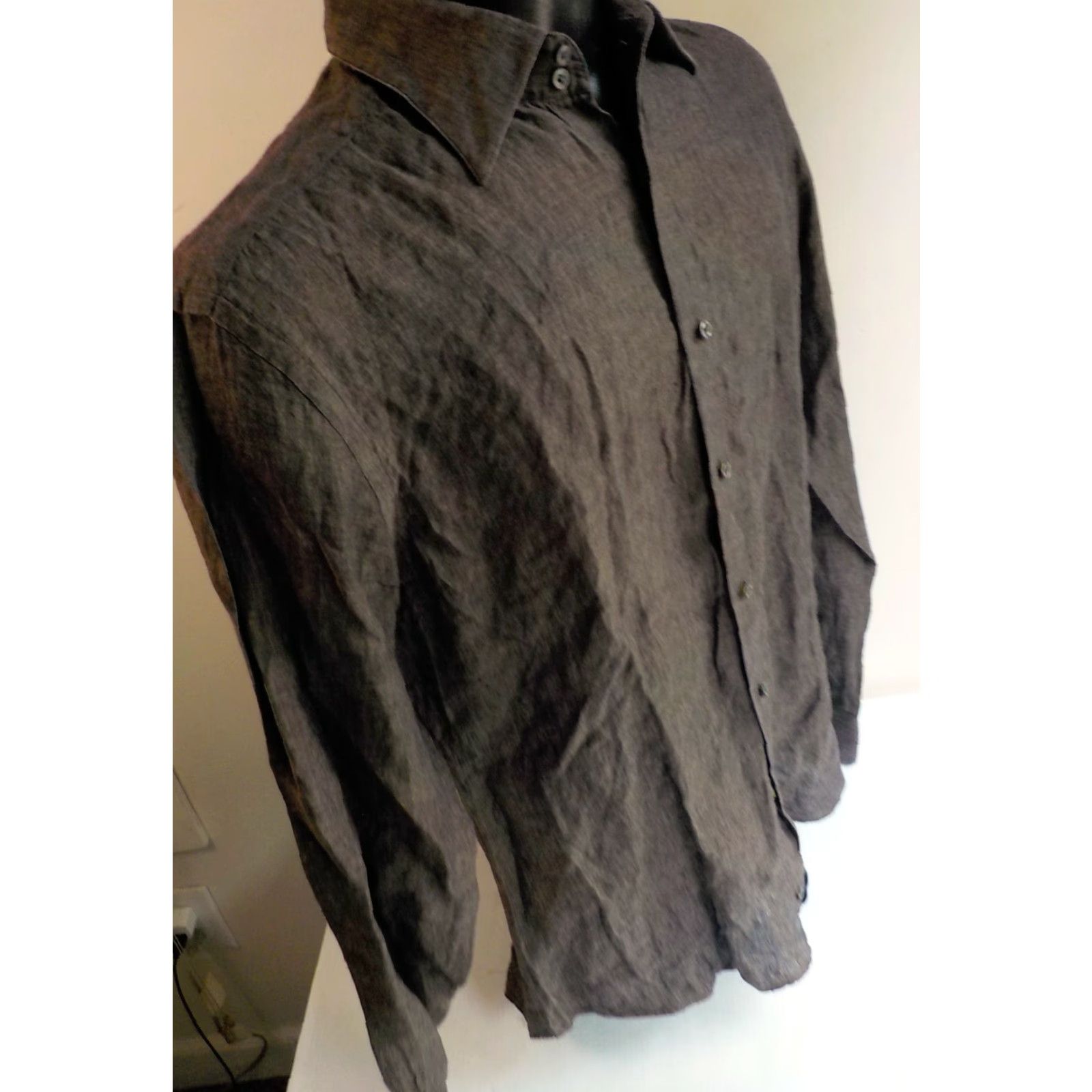 Vintage SOCI3TY LS Button Front Shirt Brown Linen 40 Mens Long Sleeve Solid Collared Button-Up 100% Linen Signed Buttons Size US L / EU 52-54 / 3 - 3 Thumbnail