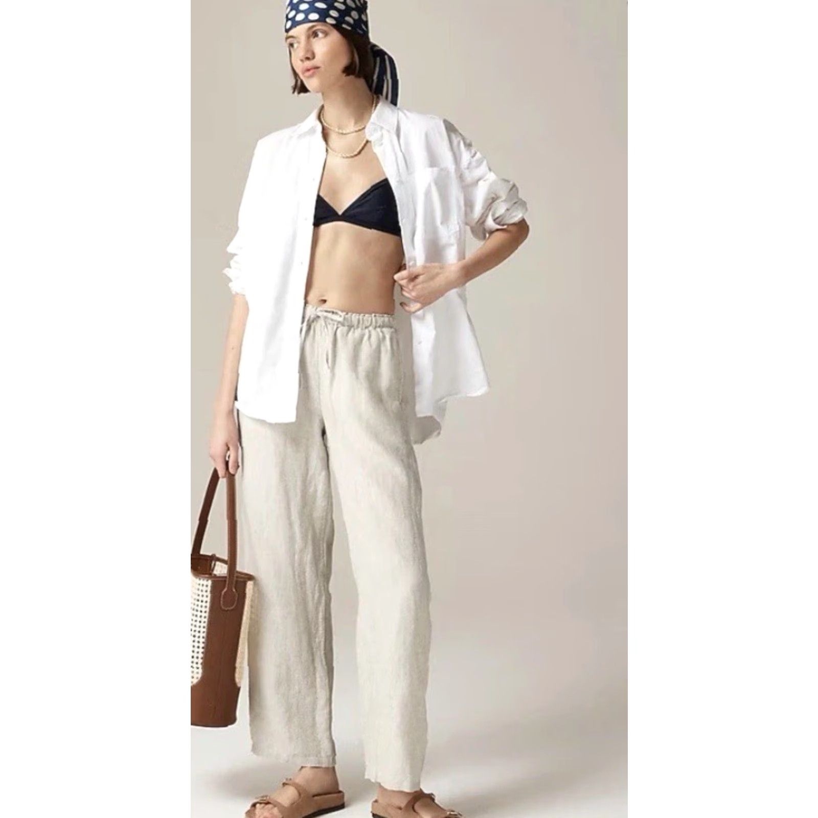 J.Crew J. Crew Pants Wide-Leg Cropped Linen Beige White Side Stripe L Womens casual Beach Bohemian Festival 90s Size 36" / US 14 / IT 50 - 2 Thumbnail