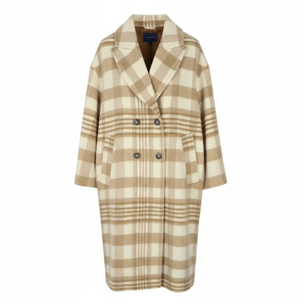 Gant CHECKED OVERCOAT L Light Beige Wool Blend Coat 87282 Size L / US 10 / IT 46 - 1 Thumbnail