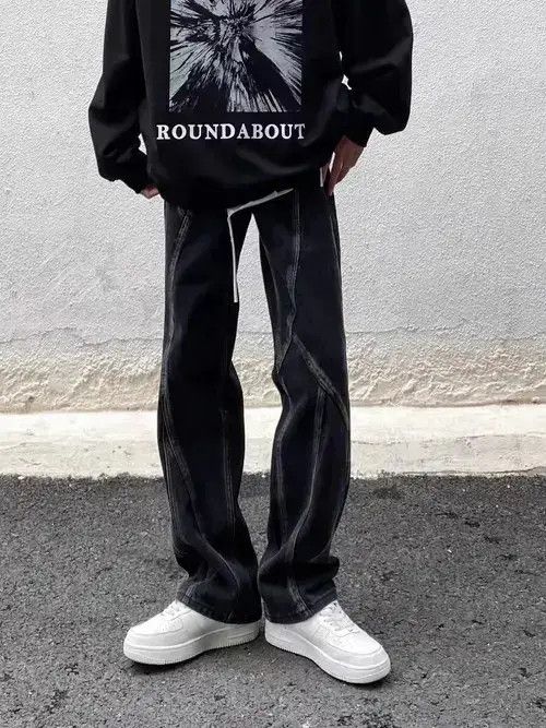 Japanese Brand × Jean Vintage washed black paneled straight-leg jeans Size US 32 / EU 48 - 3 Thumbnail