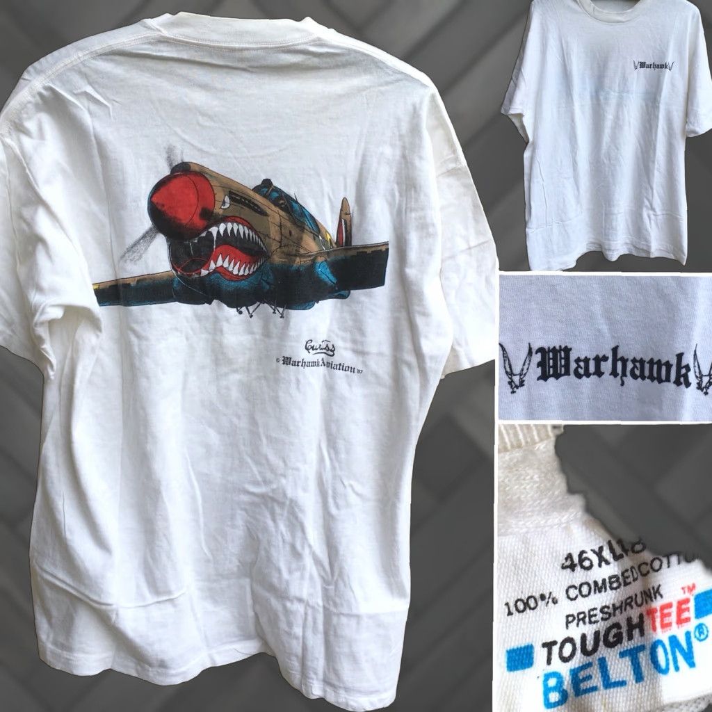 Vintage VINTAGE Belton Curtiss Warhawk Aviation 87 T-Shirt Made In USA XL 46 48 1980s 80s White Mens Short Sleeve Graphic Tee Size US XL / EU 56 / 4 - 1 Thumbnail