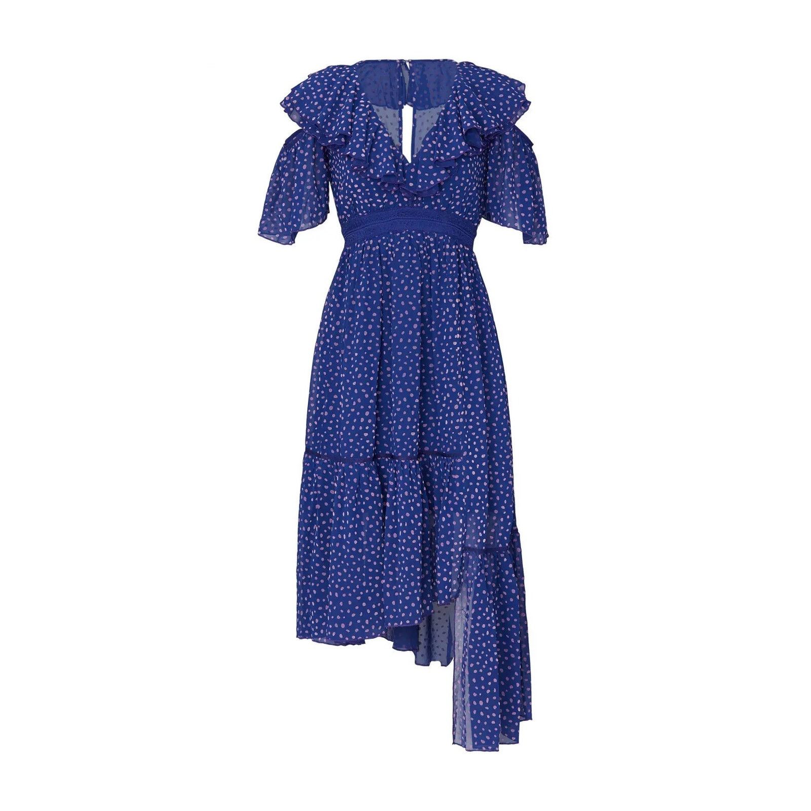 Other Three Floor Polka Dot Ada Dress Blue Ruffles V Neck Midi Size S / US 4 / IT 40 - 1 Thumbnail