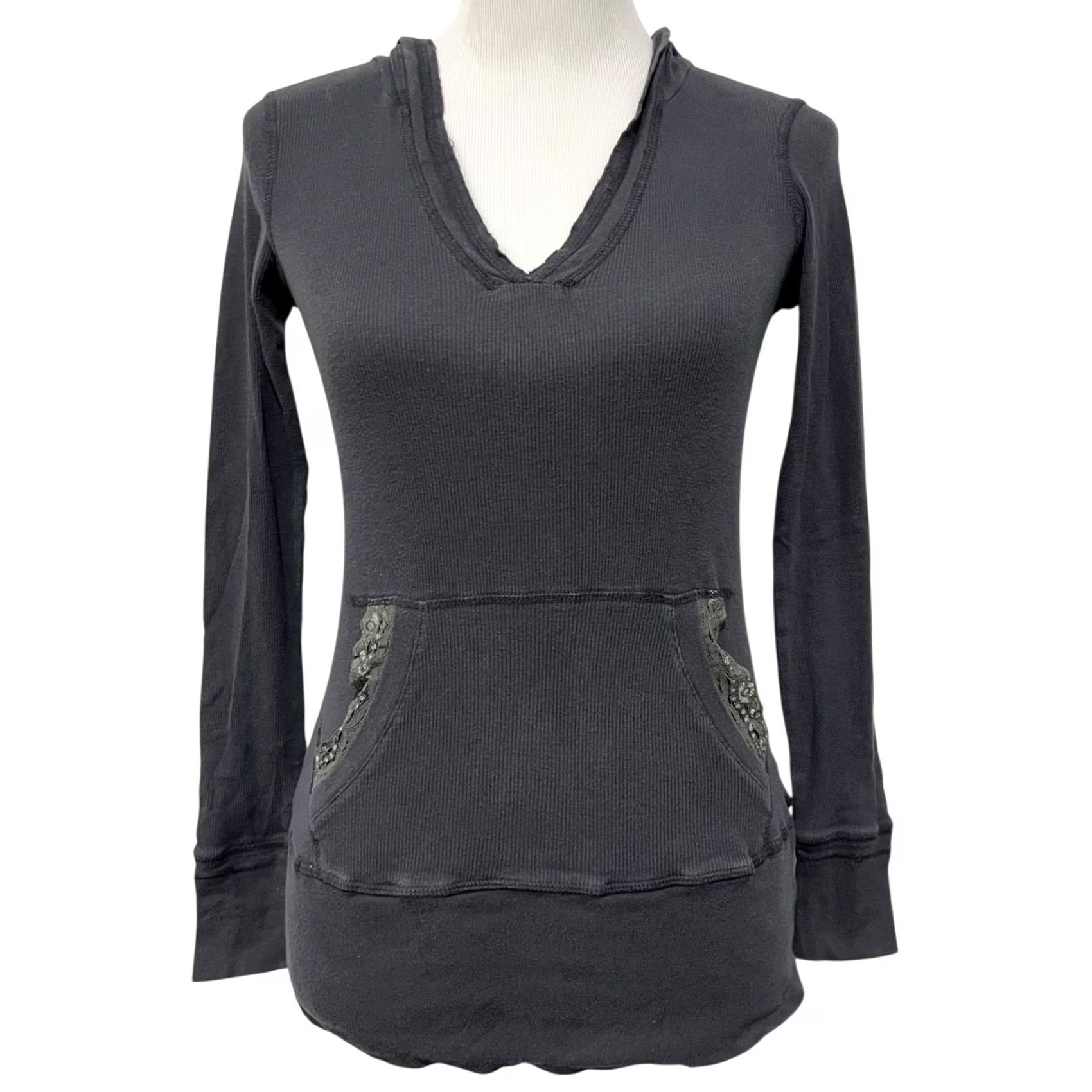 L.E.I. VINTAGE LEI Hoodie Top Pullover Tunic Gray 100% Cotton Size Large Women's Casual Y2K Lace Pocket Distressed Size L / US 10 / IT 46 - 4 Thumbnail