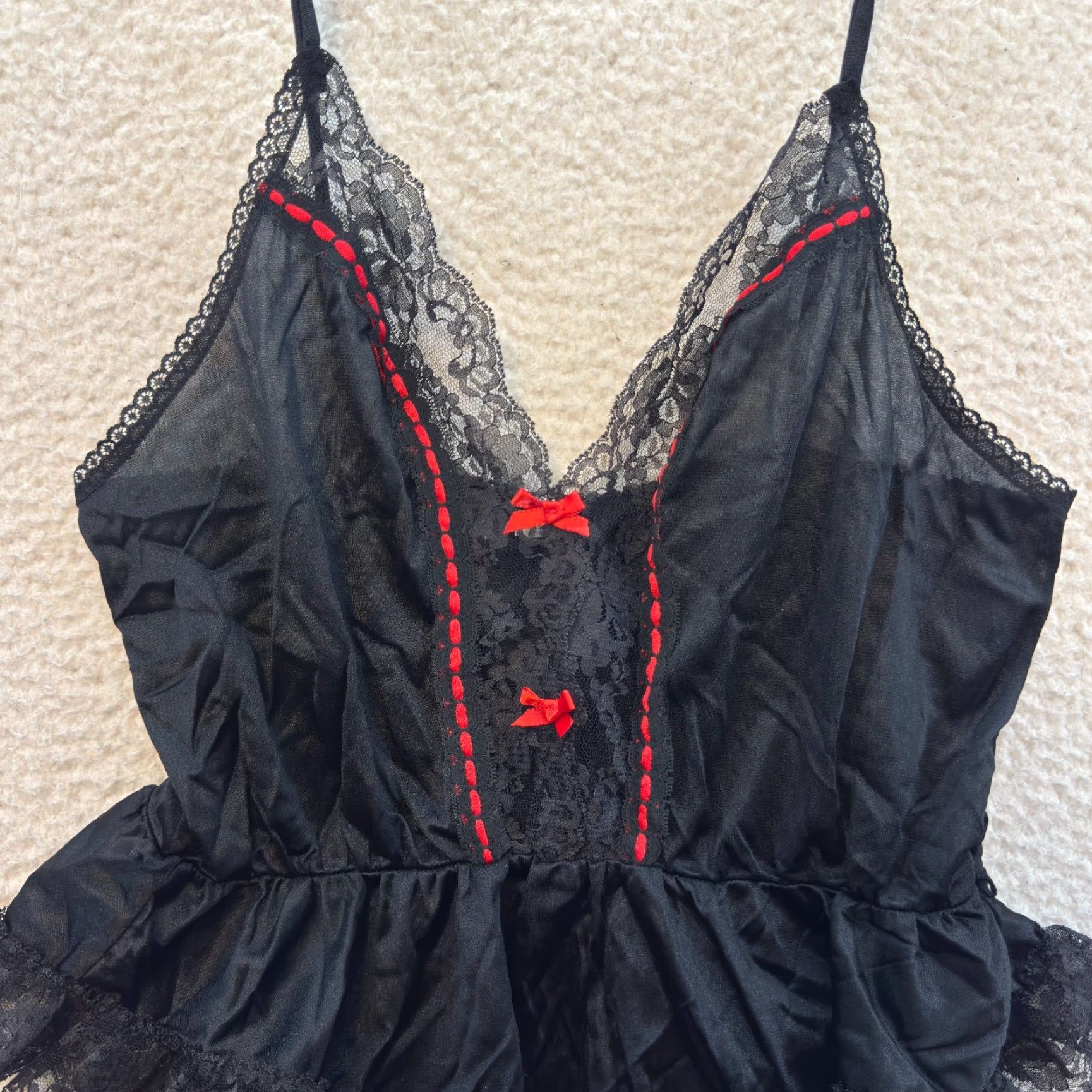 Vintage VINTAGE Camisole Slip Lingerie Large Black Red Lace Bow Edwardian Goth Size ONE SIZE - 3 Thumbnail