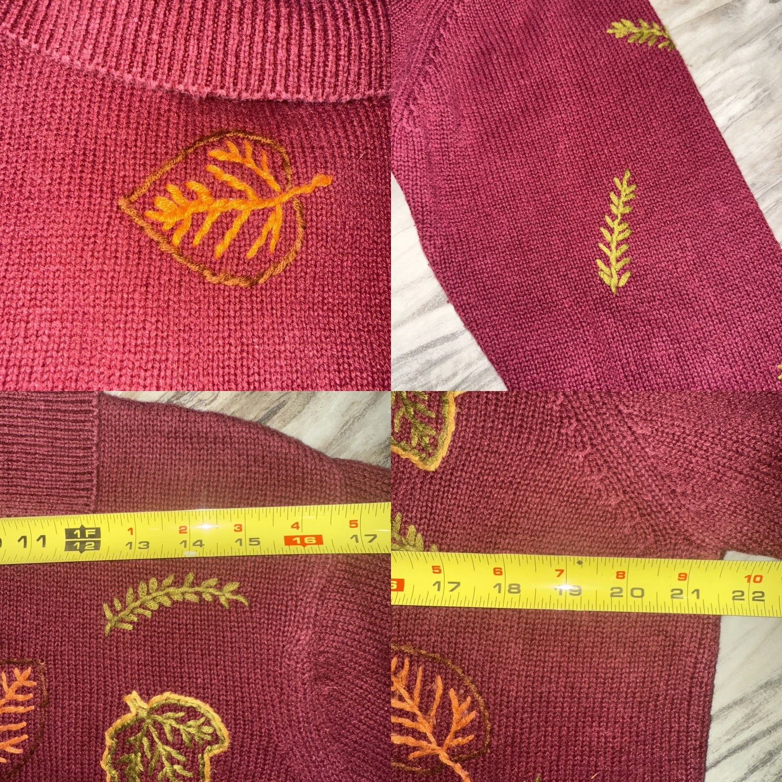 Vintage VINTAGE All Points Womens Maroon Cardigan Sweater Autumn Leaves Embroidery Knit Crew Neck Full Zip Large Size L / US 10 / IT 46 - 8 Thumbnail
