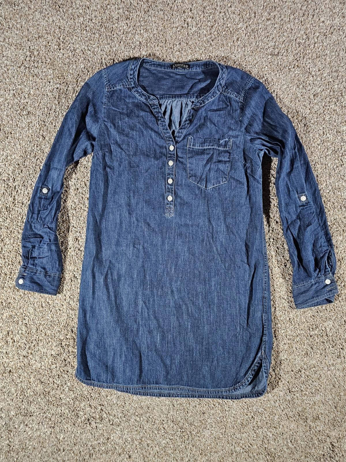 Express Express Blue Denim Long Smock Shirt L Size L / US 10 / IT 46 - 1 Thumbnail