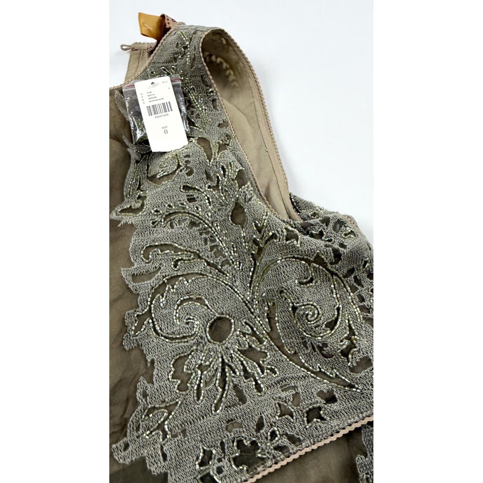 Anthropologie Not So Serious Dress Womens 0 Olive Green Silk Beaded Embroidered Tiered Sheer Size XS / US 0-2 / IT 36-38 - 4 Thumbnail