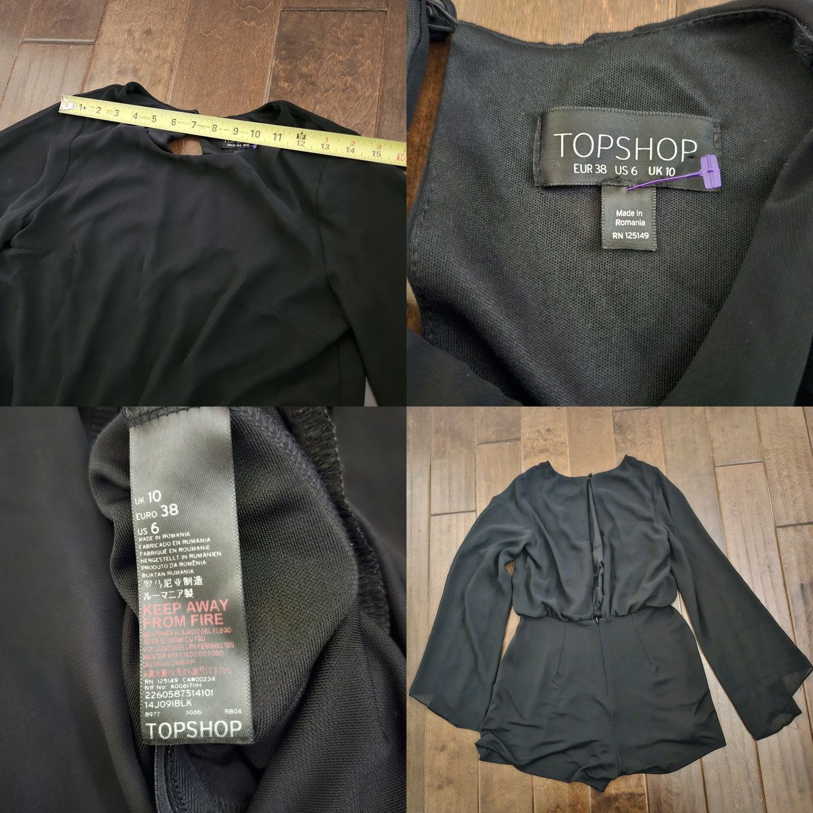Topshop Topshop Romper Shirt Bell Sleeve Black 6 Womens Regular One-Piece Dressy Romper Size 28" / US 6 / IT 42 - 9 Thumbnail