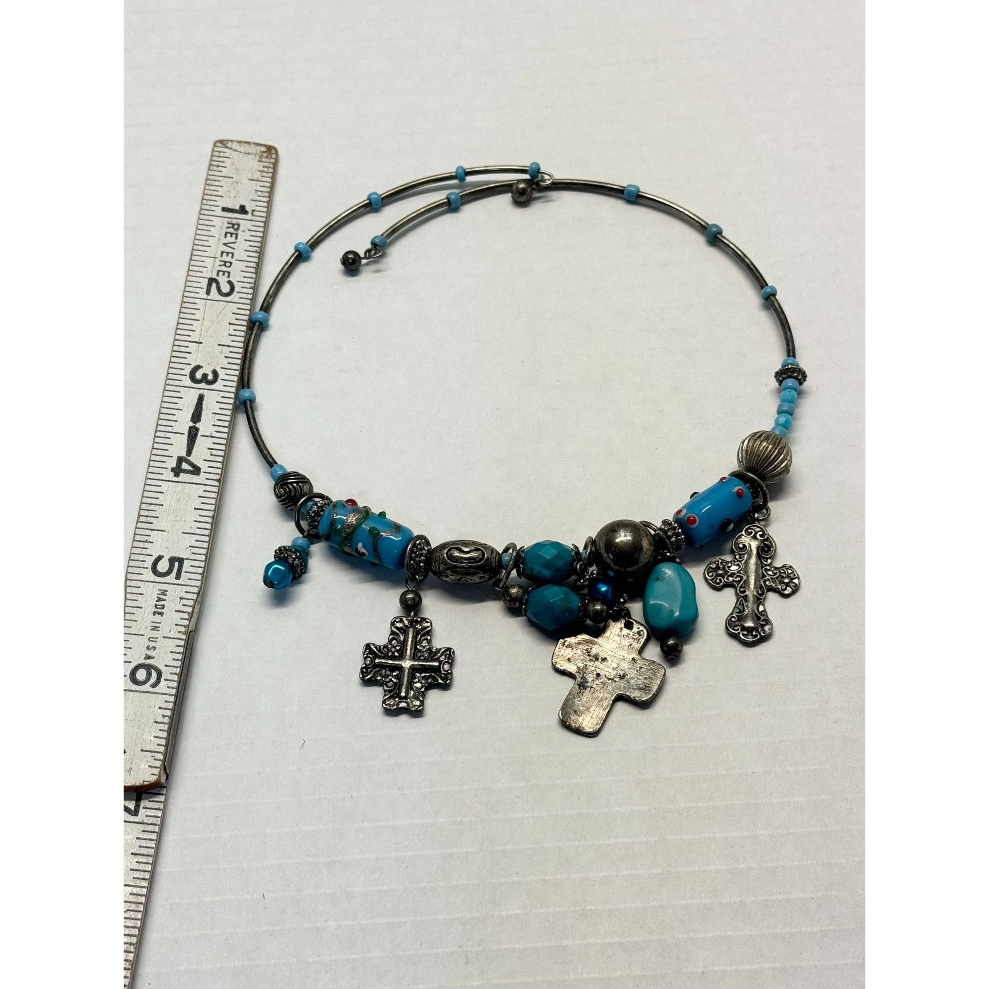 Vintage glass beaded cross charm choker necklace