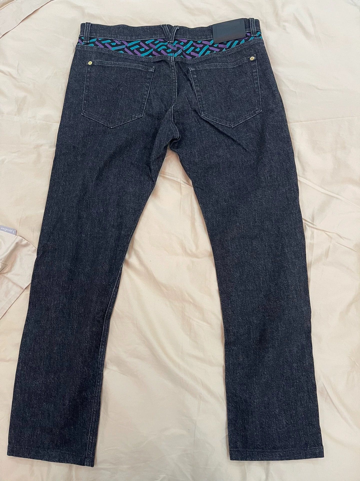 Versace Versace 2024 Men's Jeans Gold/Black Logo Waist Greek Key 35 Size US 35 - 2 Thumbnail