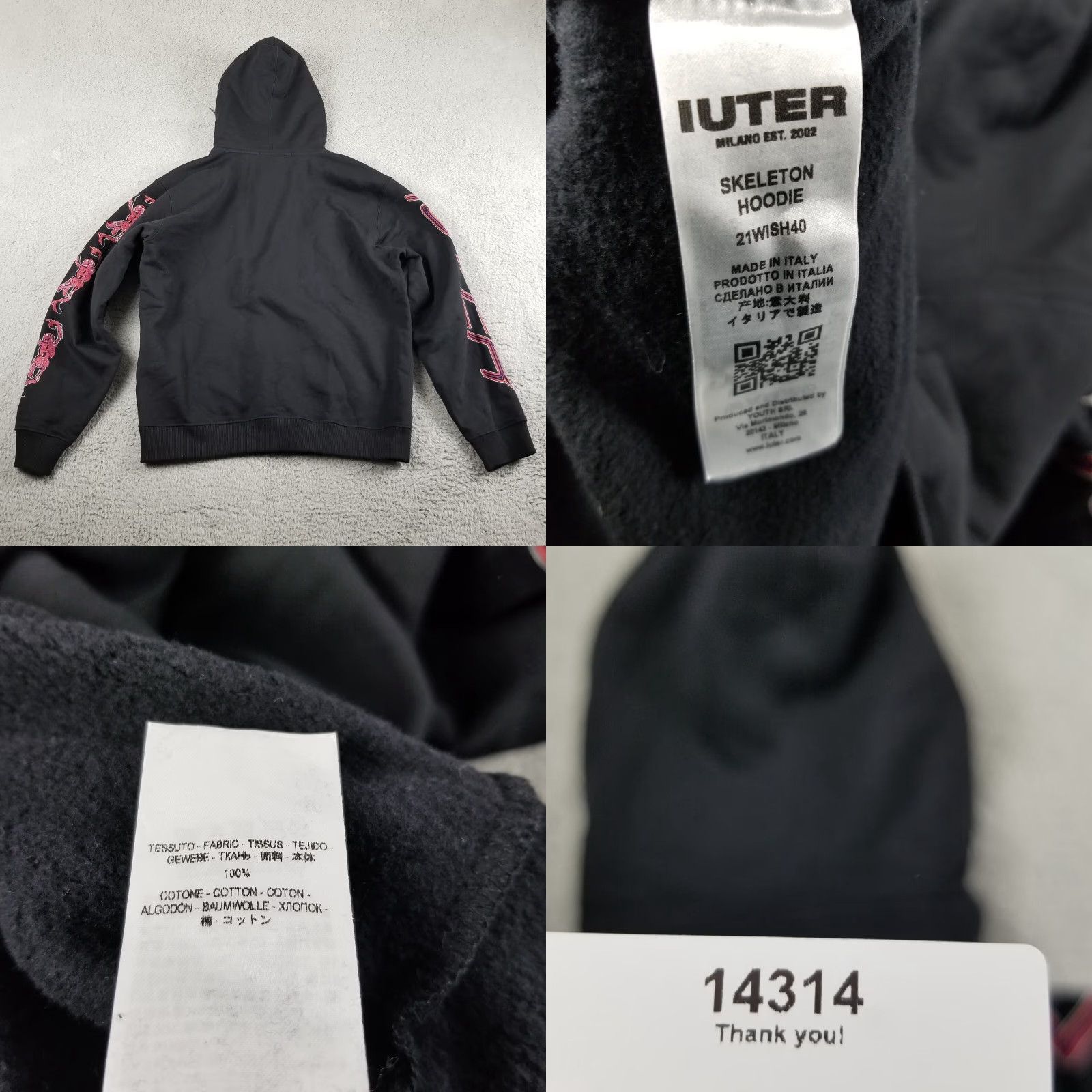 Vintage IUTER Hoodie Skeleton Logo Sweatshirt M Adult Black Cotton Pullover Skull Streetwear Italy 2000s Style Mens Size US M / EU 48-50 / 2 - 8 Thumbnail