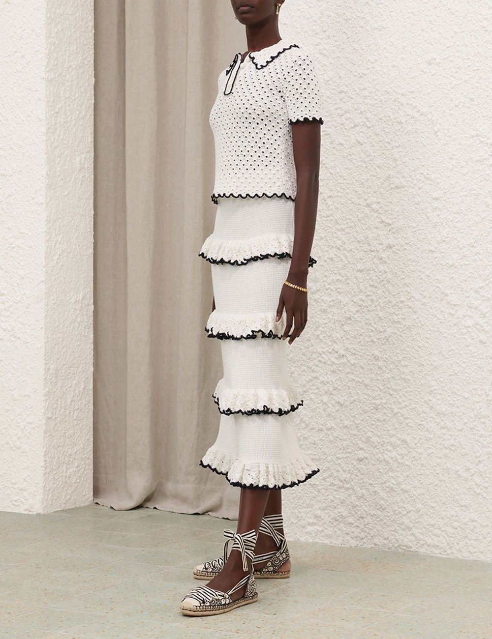 Zimmermann oc11z0525 Halliday Scallop Frill Midi Skirt in Black & Ivory Size 25" / US 0 / IT 36 - 3 Thumbnail
