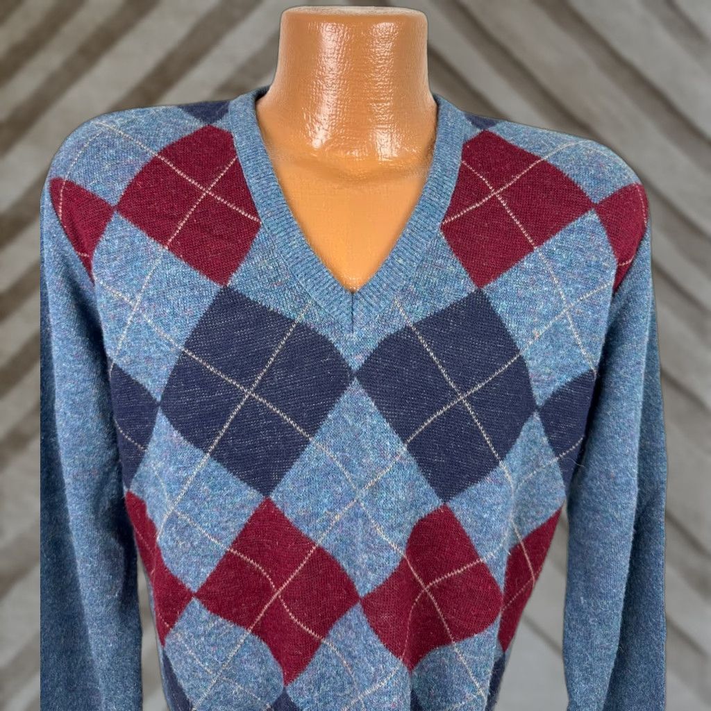 Vintage VINTAGE Robert Bruce Sweater Mens M Argyle Diamond Knit V-Neck Pullover Blue 80s Grunge Golf Size US M / EU 48-50 / 2 - 1 Thumbnail