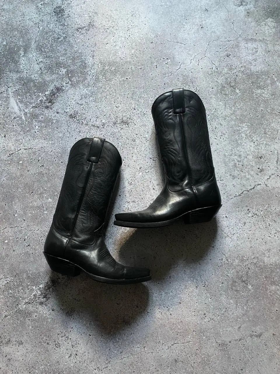 Leather VINTAGE 90s USA BLACK LEATHER WESTERN COWBOY BOOTS Size US 5.5 / EU 38 - 9 Thumbnail