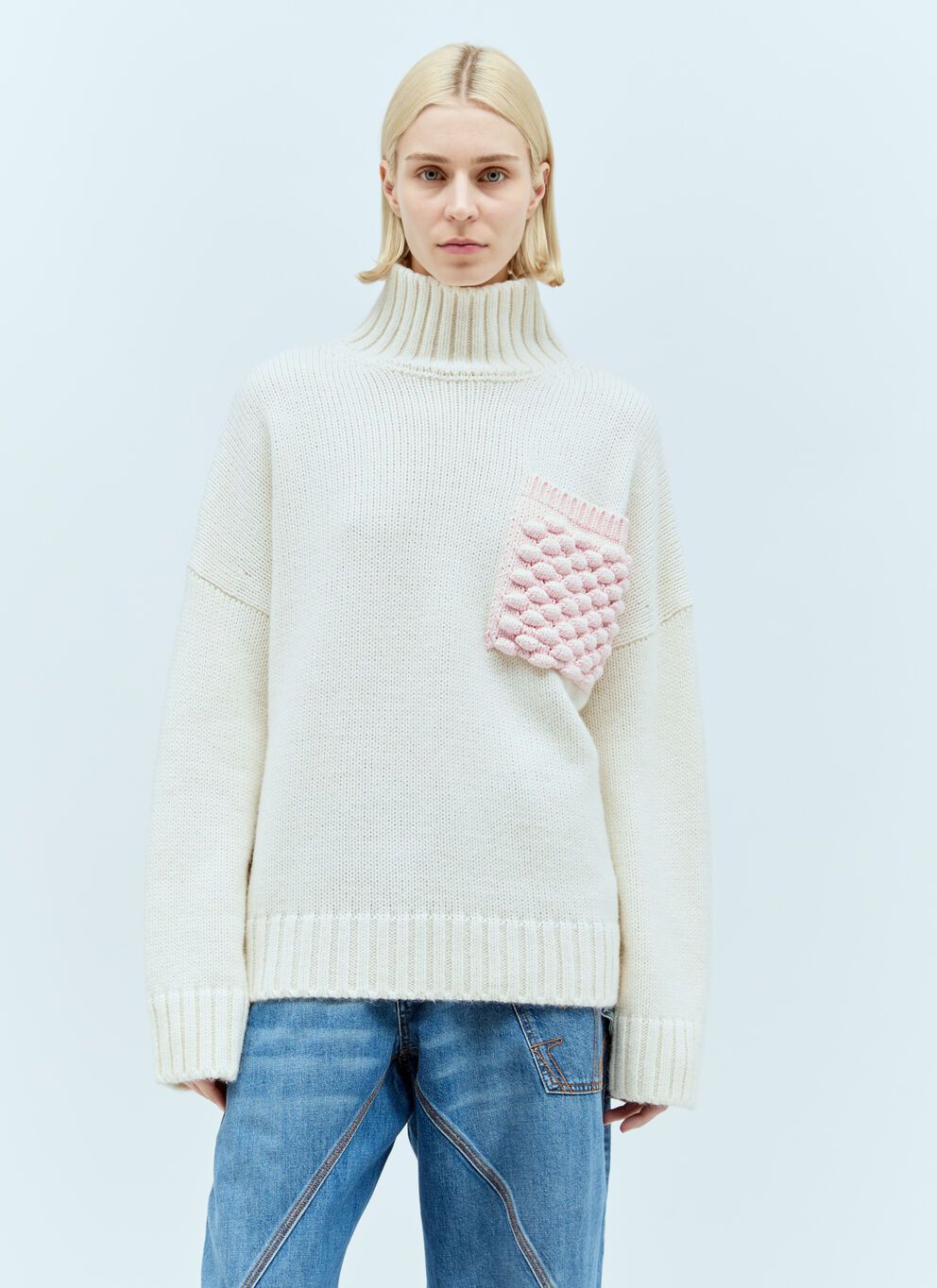 image of J W Anderson Popcorn Patch Pocket Sweater in White, Women's (Size Large)
