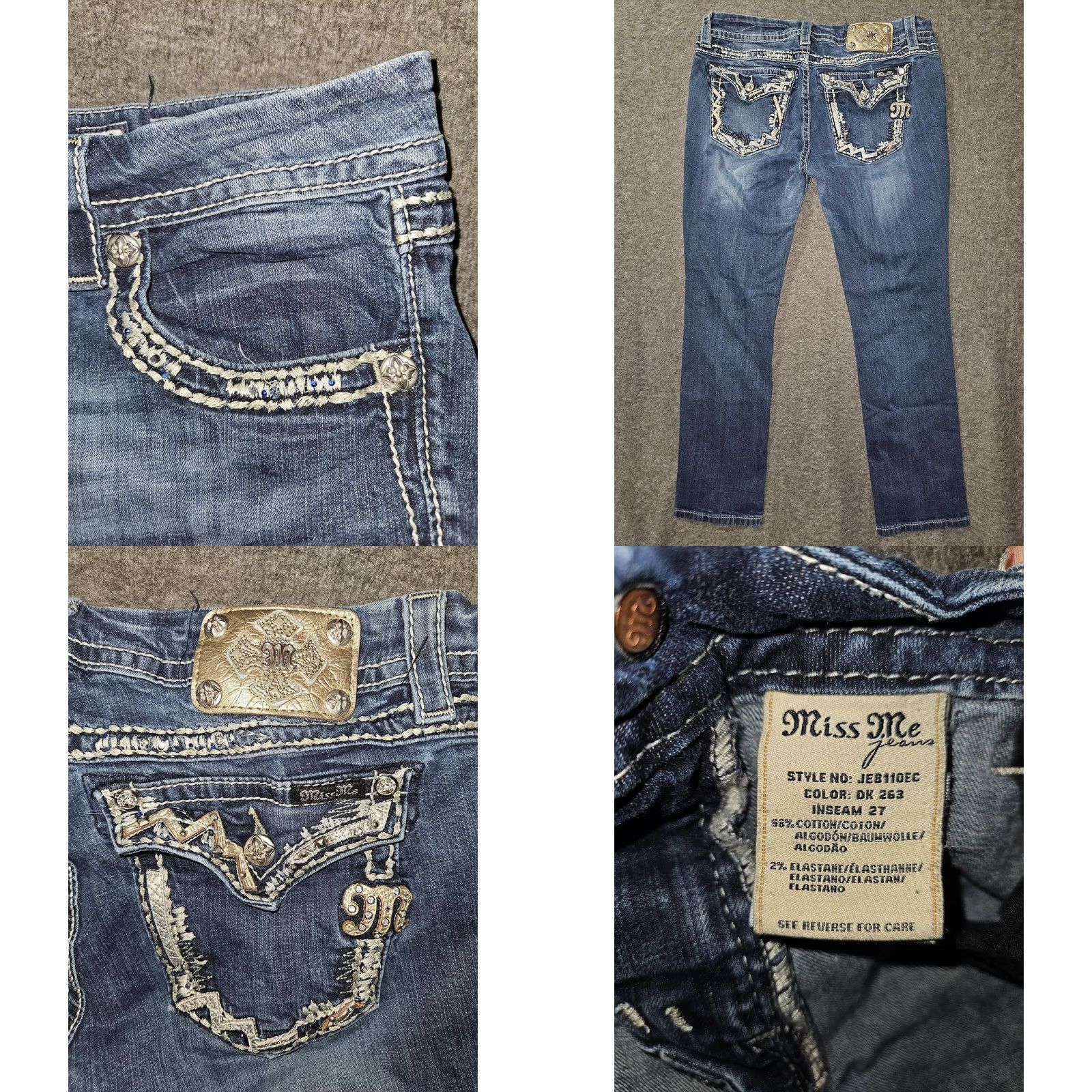Miss Me Miss Me Jeans Womens 31 Blue Low-Rise Cropped Embellished Pockets JEB110EC Denim Rhinestone Embroidered 5-Pocket Jeans Womens Size 24" / US 00 / IT 34 - 8 Thumbnail