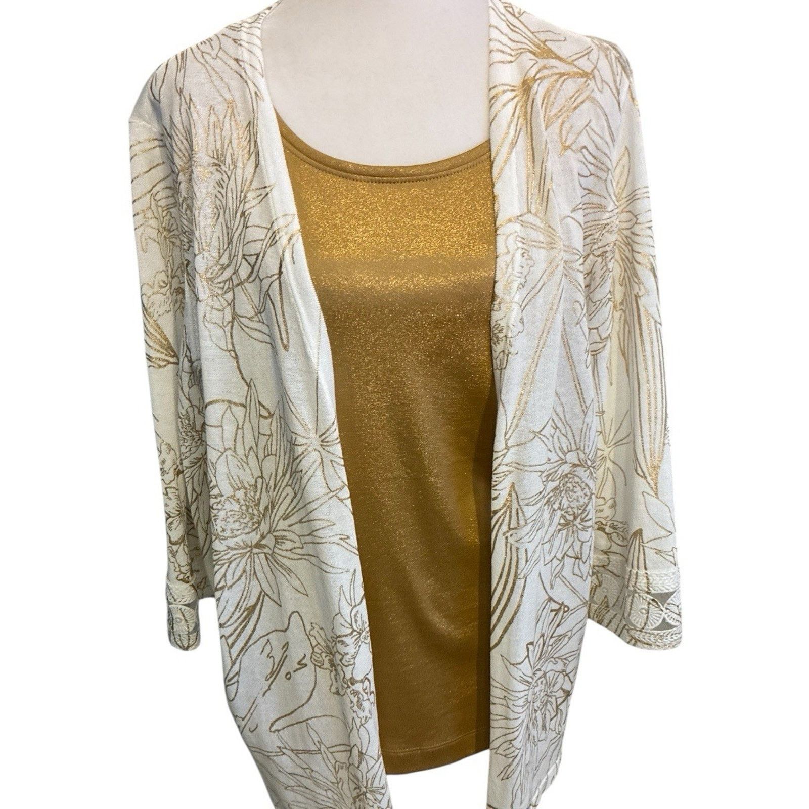 Chicos Chico's 2pc Set White Floral Cardigan Kimono Gold Metallic L Size XL / US 12-14 / IT 48-50 - 21 Thumbnail
