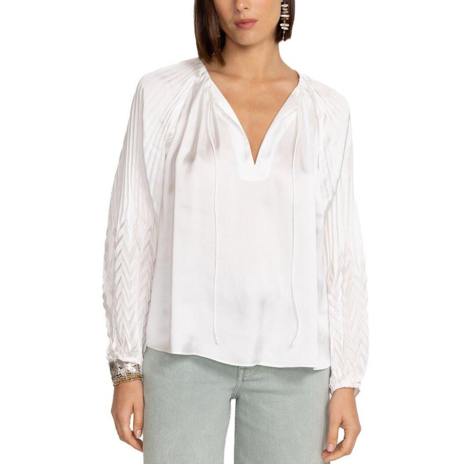 Johnny Was JOHNNY WAS Gemma Pleated Blouse Solid White V Neck Size M / US 6-8 / IT 42-44 - 3 Thumbnail