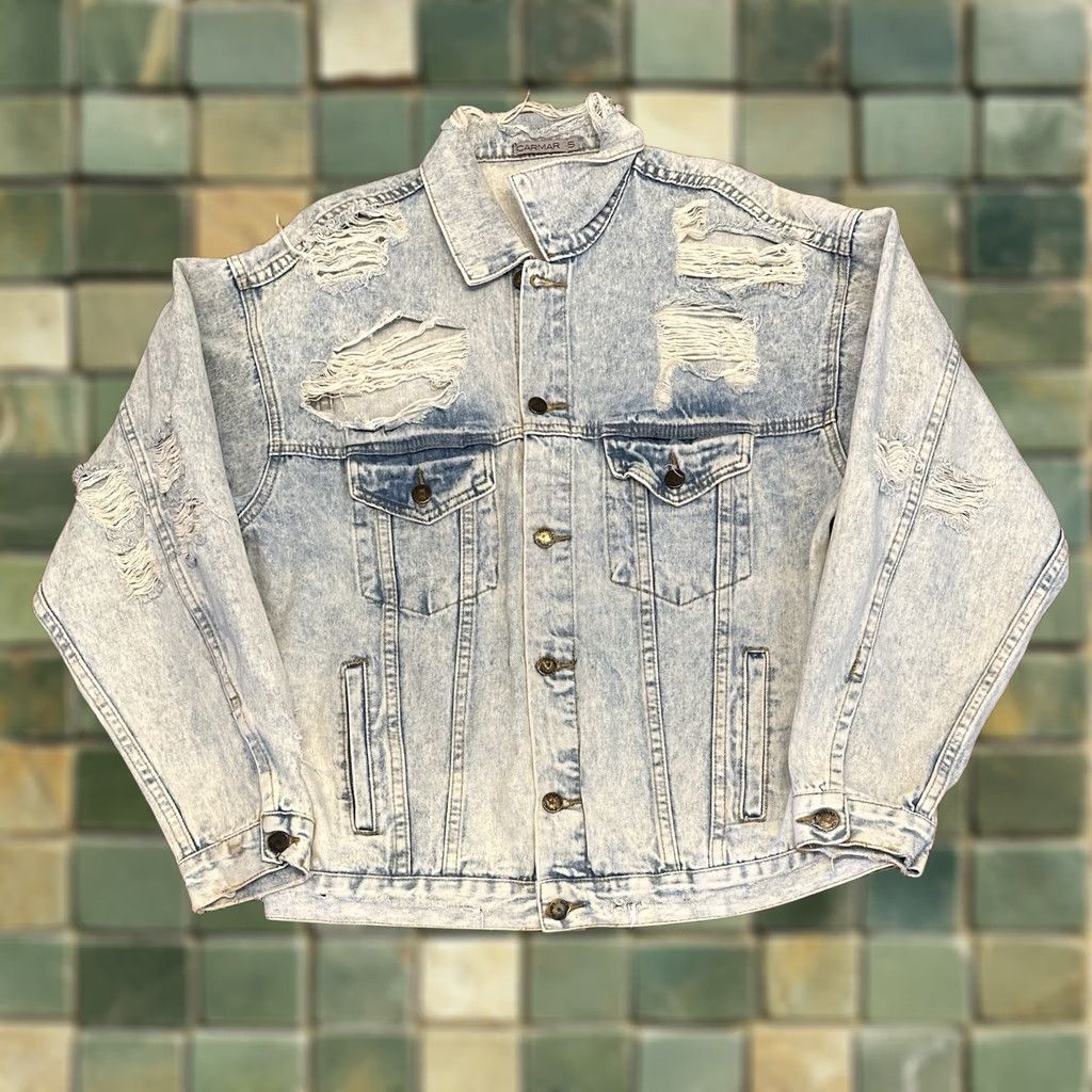 Denime CARMAR Distressed Denim Jacket S Trucker Men Blue Cotton Biker Small Pre-owned Size US S / EU 44-46 / 1 - 1 Thumbnail