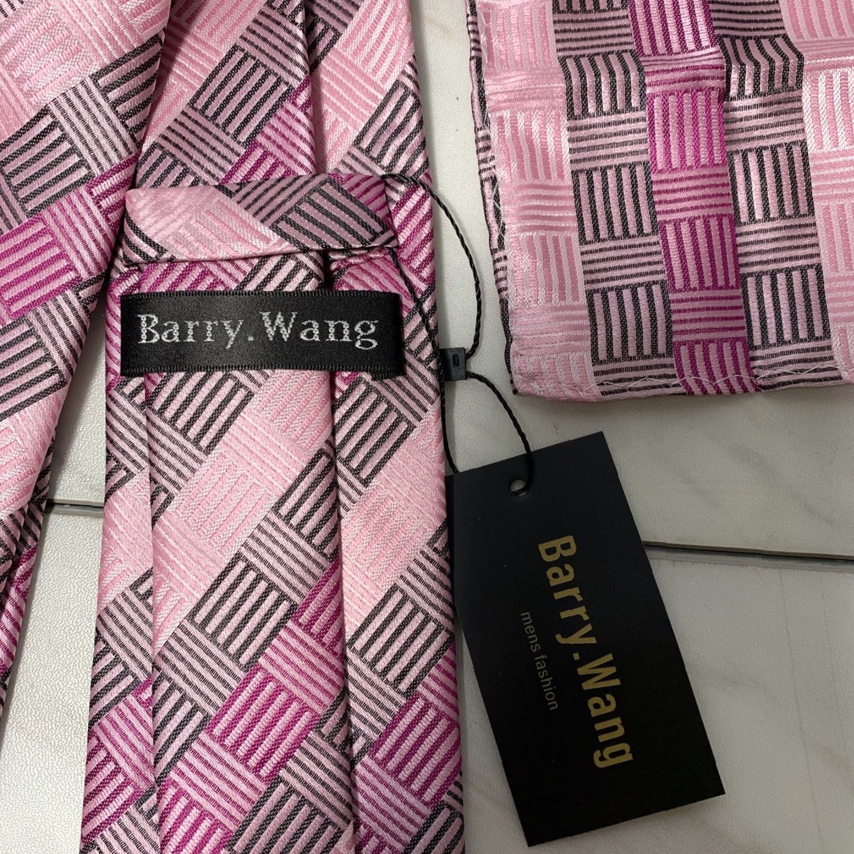 Vintage Barry Wang Designer Tie Set Men's Necktie Handkerchief Gray Pink 100% Silk NEW Size ONE SIZE - 4 Thumbnail