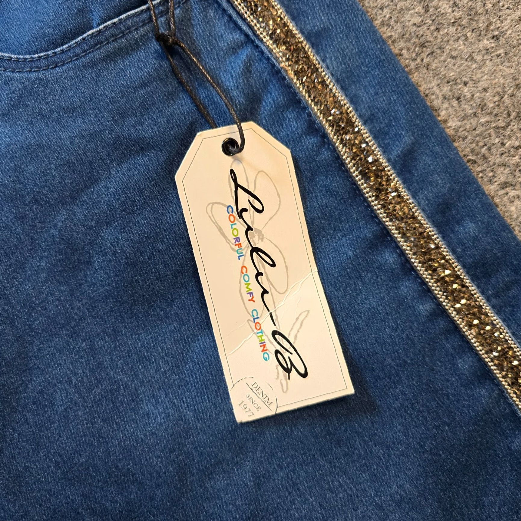 Vintage Lulu B Jeans Womens Size 16 Blue Skinny Pull On Glitter Stripe Stretch Pockets Jeans Shirt? Size 38" / US 16 / IT 52 - 4 Thumbnail