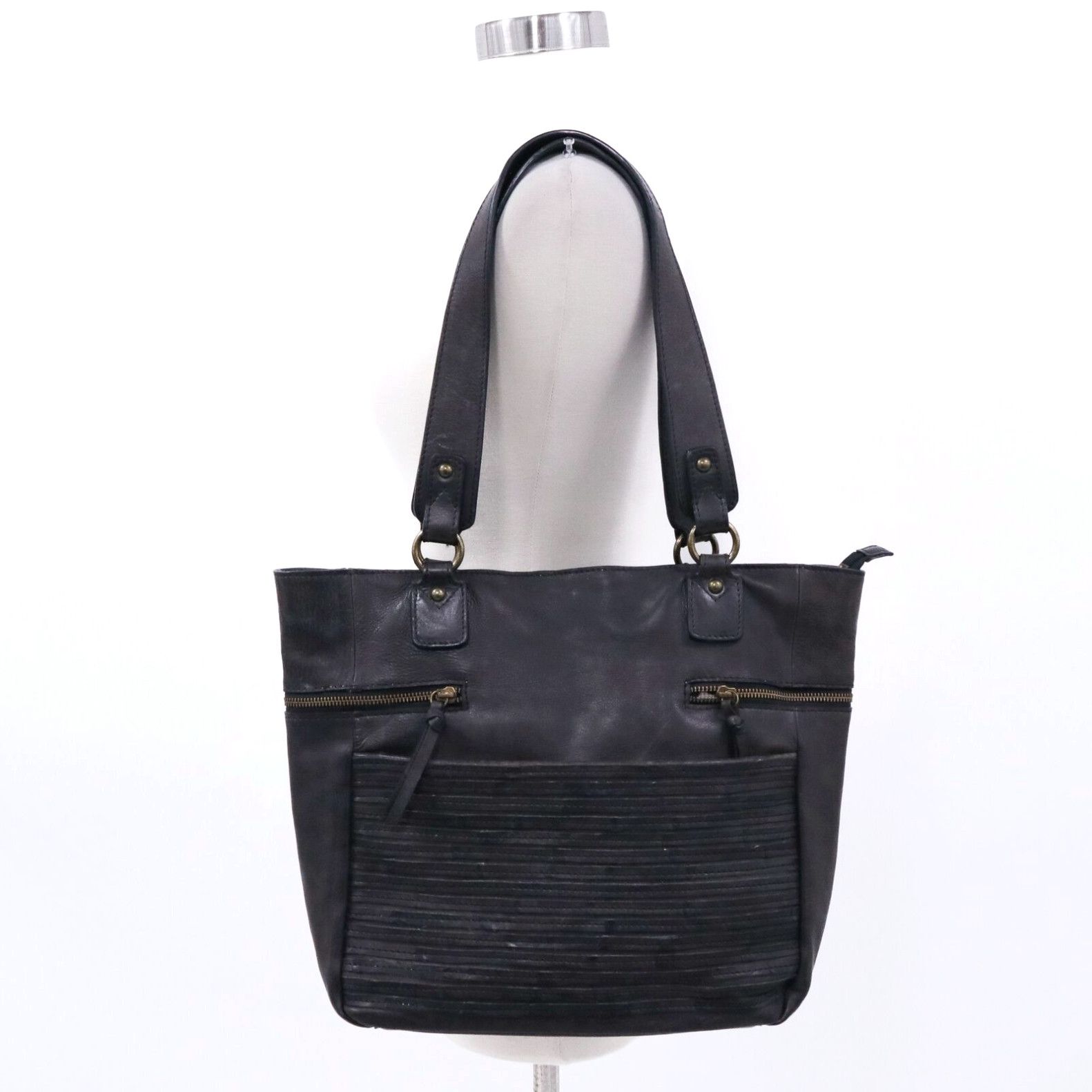 image of Vintage Nino Bossi Tote Shoulder Bag Purse Womens Black Genuine Leather Zip Pockets in White