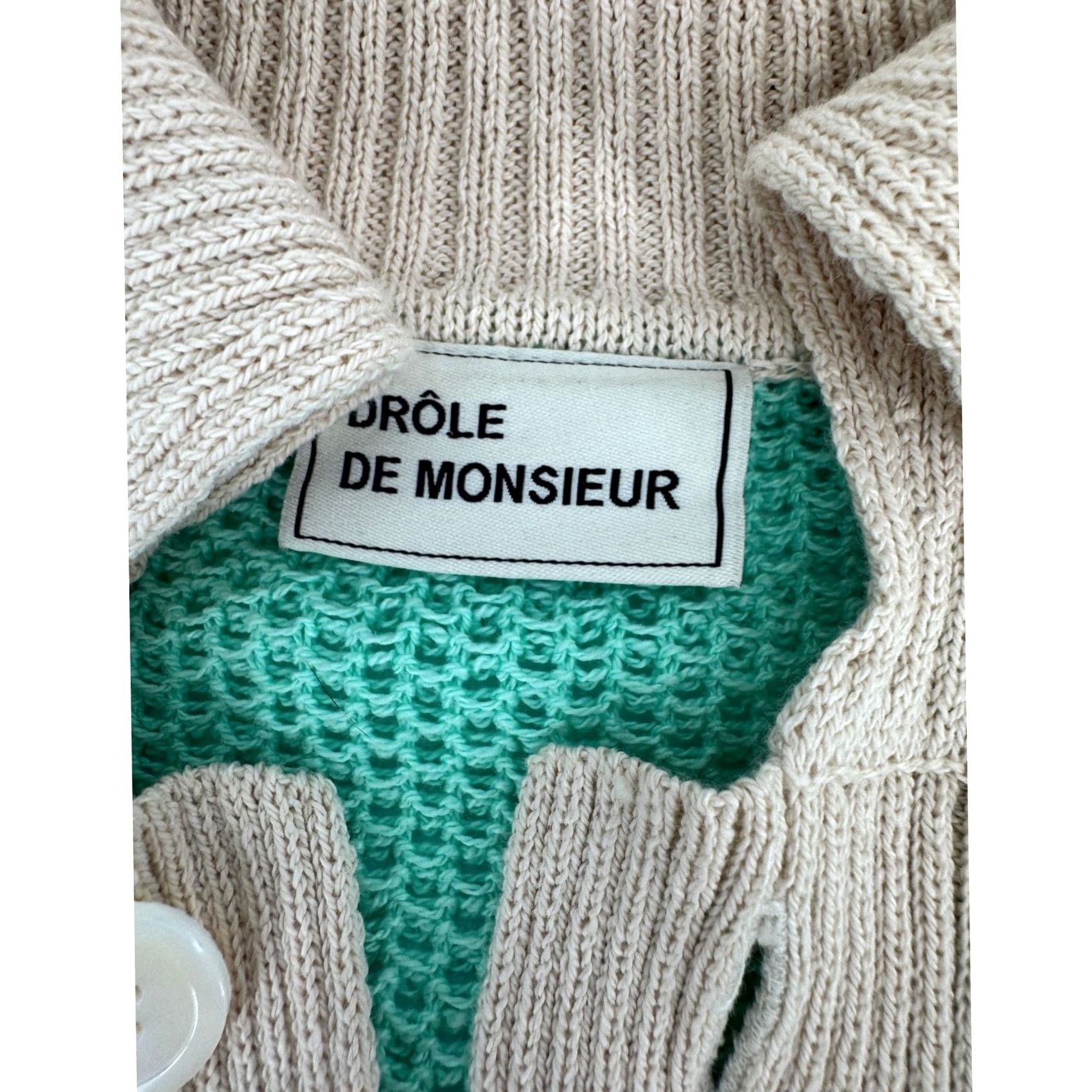 Drole De Monsieur Polo Shirt Men S Mint Beige Striped Knit Mesh Short Sleeve Resort, Men's — image 2 of 6