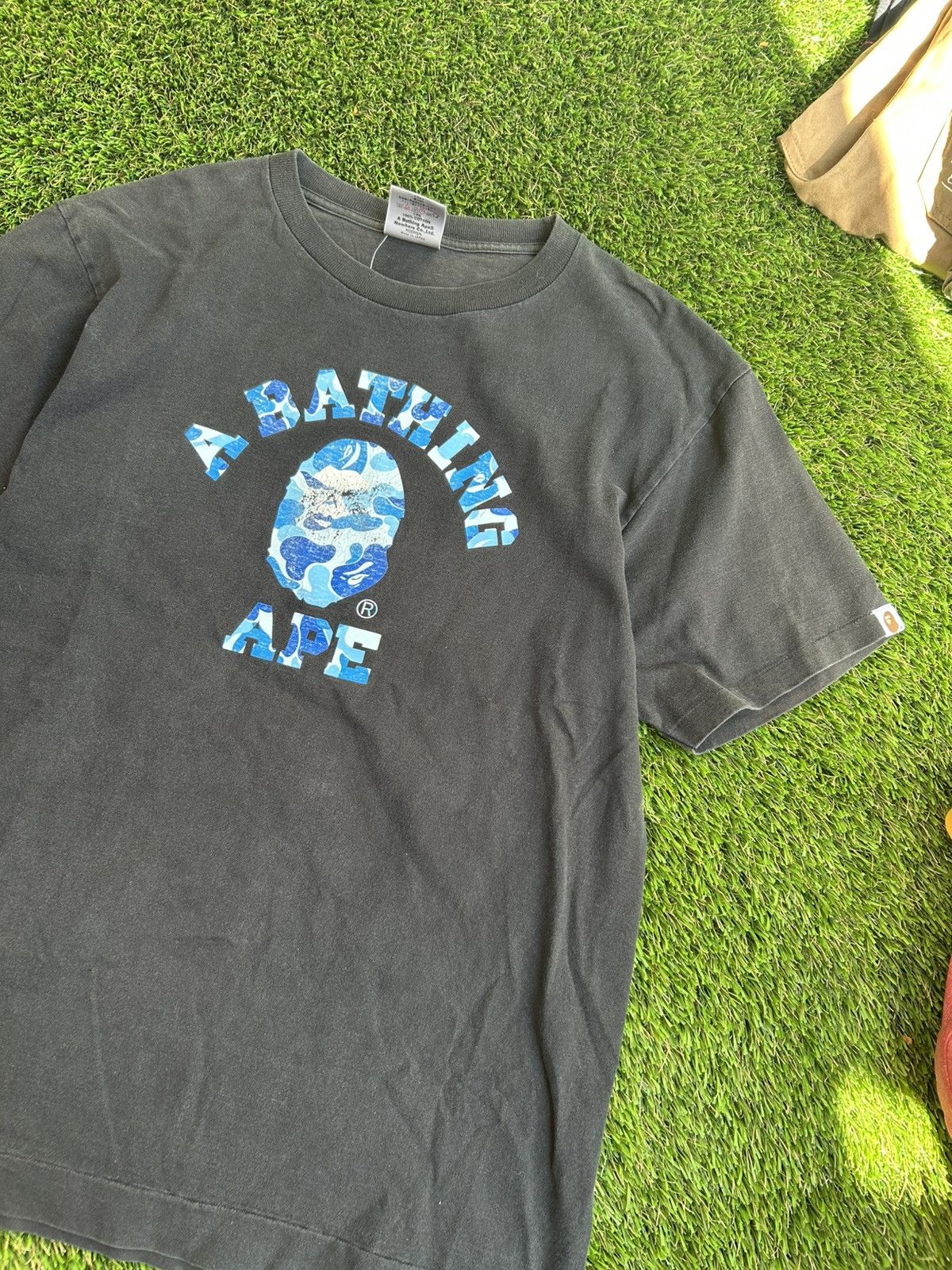 Vintage 90s BAPE 1st College Blue Camo Angry Ape Black Tee