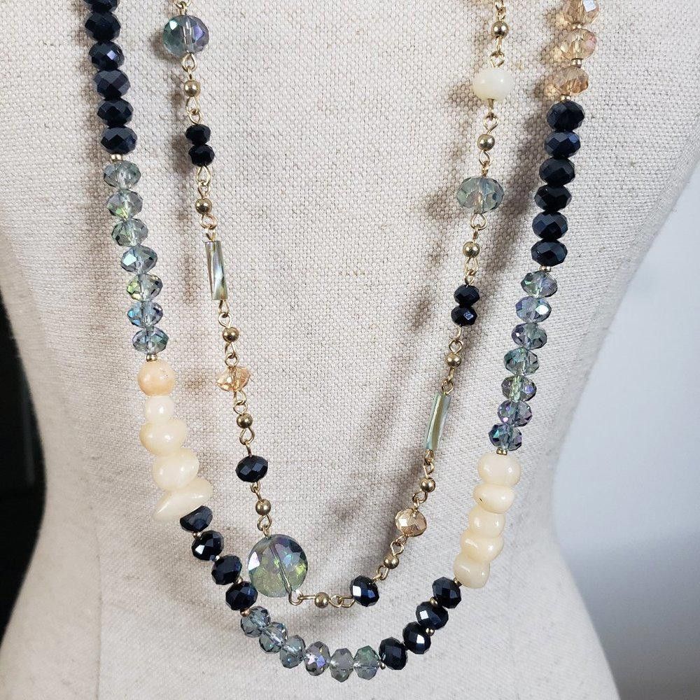 Designer Double Stranded Blue, Clear & Cream Crystal Necklace 40" Size ONE SIZE - 1 Thumbnail