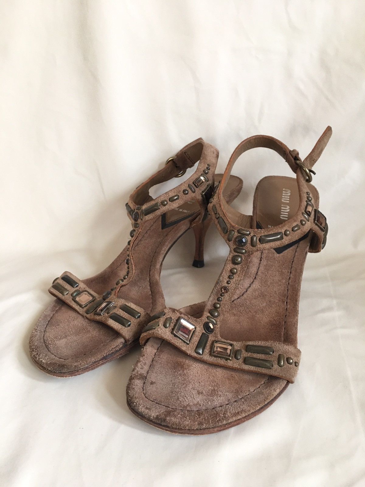 Miu Miu MIU MIU Brown Suede Rhinestones Heels Sandals EU 38 Size US 8 / IT 38 - 1 Thumbnail