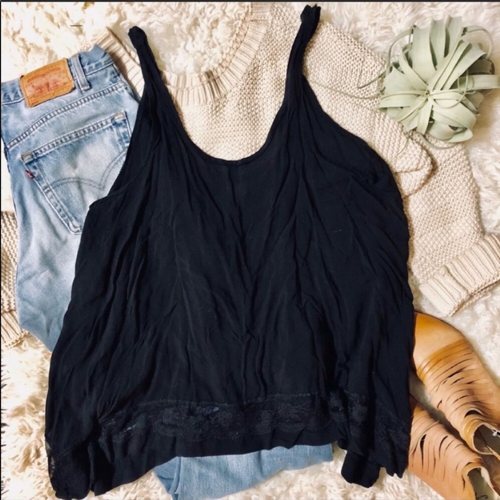FREE PEOPLE Black Lace Raw Hem Tank Top Blouse Shirt Boxy